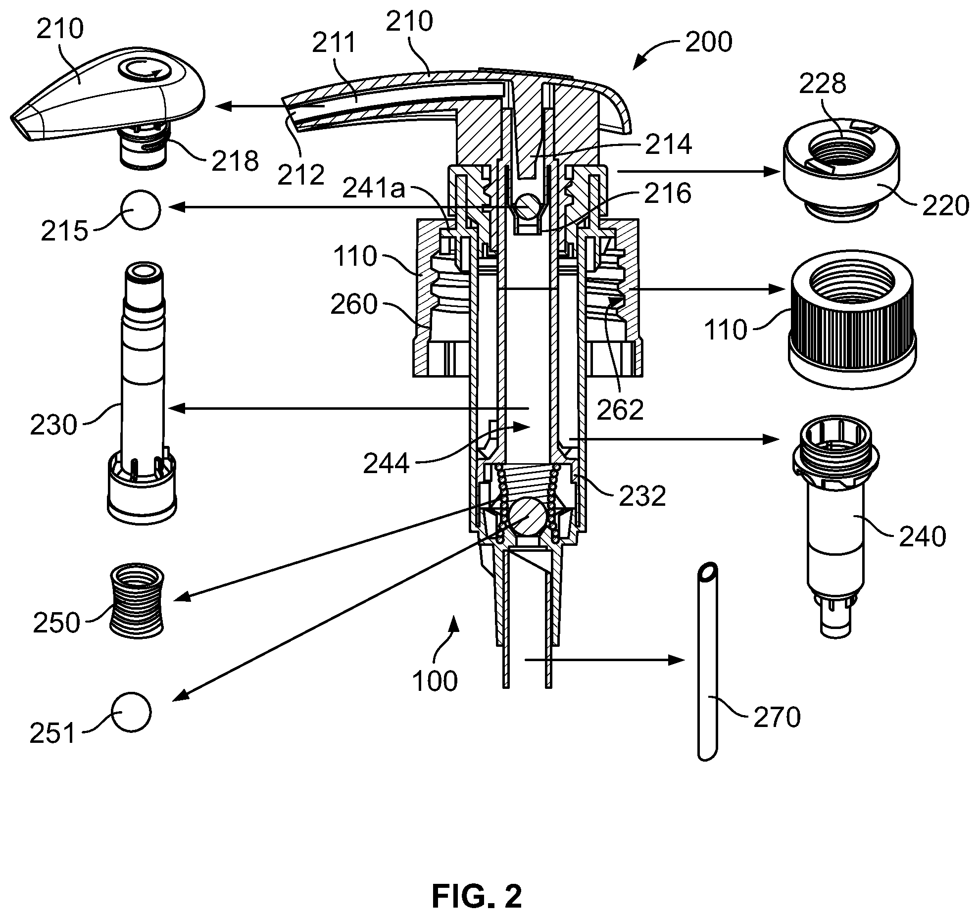 Patent US11772112 Figure 2 – Down-locked pump with chaplet vent and beaded seal