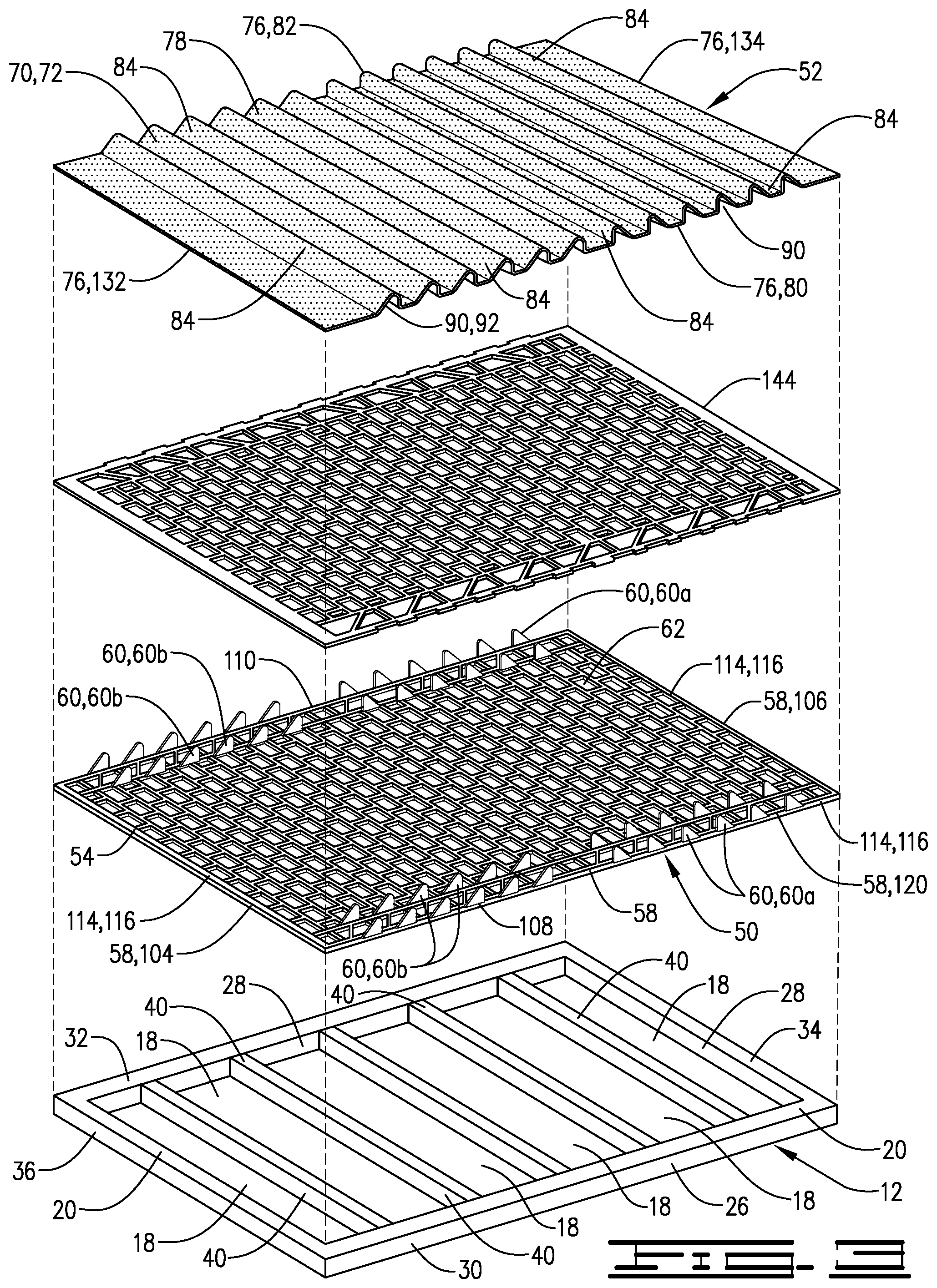 Patent US11772130 Figure 3 – Shaker screen assembly with undulation sealing tabs
