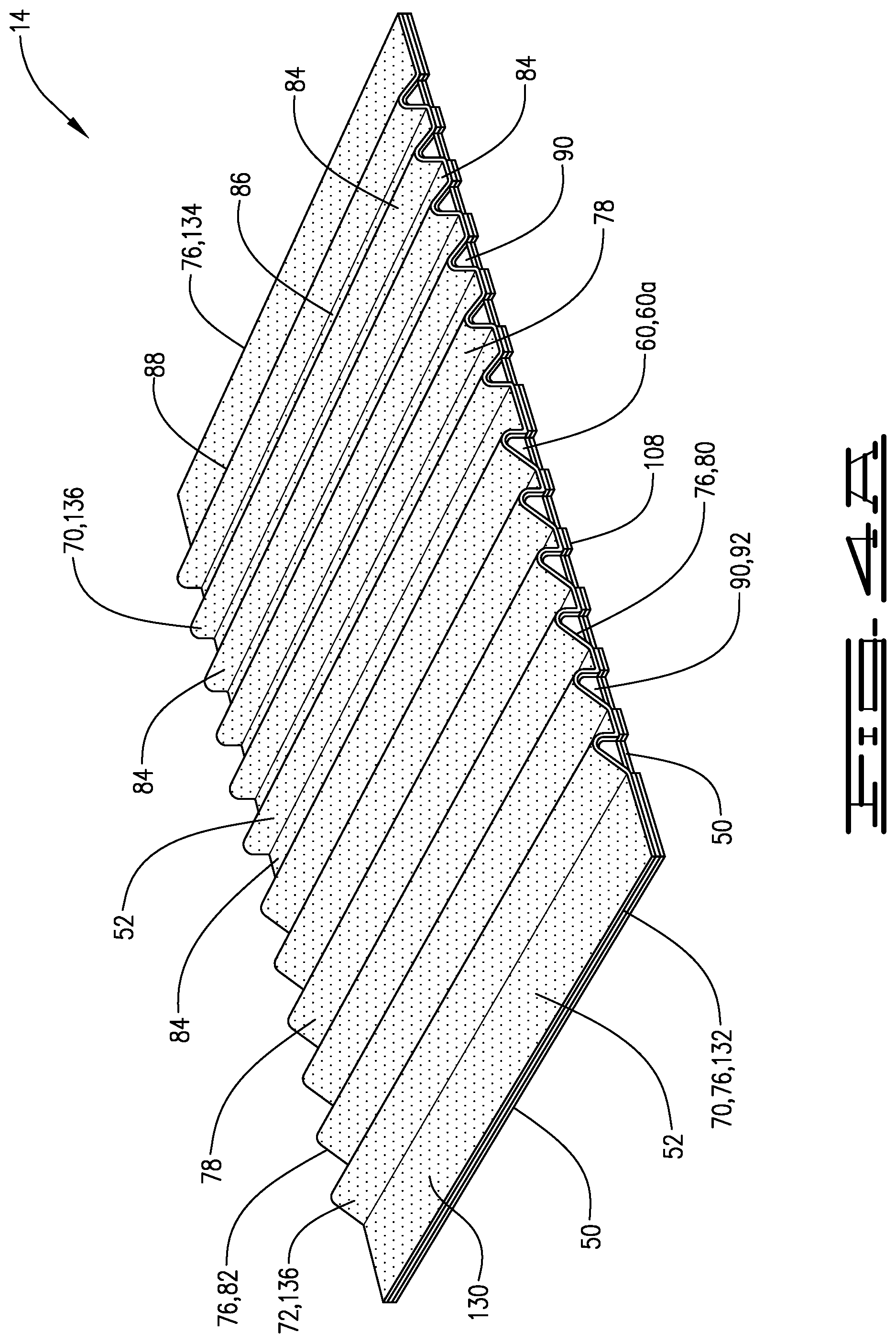 Patent US11772130 Figure 4 – Shaker screen assembly with undulation sealing tabs