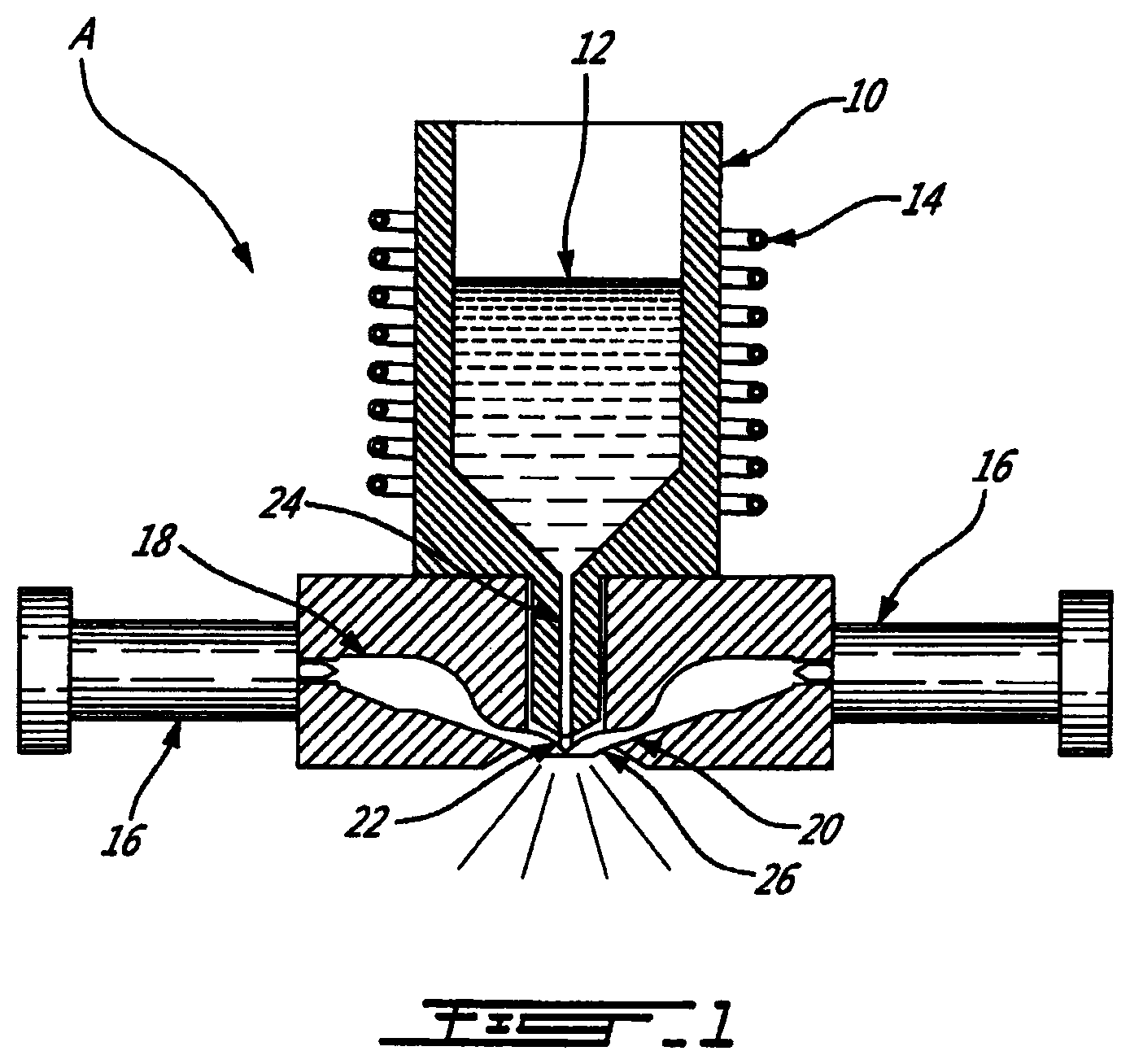 Patent US11772159 Figure 1 – Method and apparatus for the production of high purity spherical metallic powders from a molten feedstock