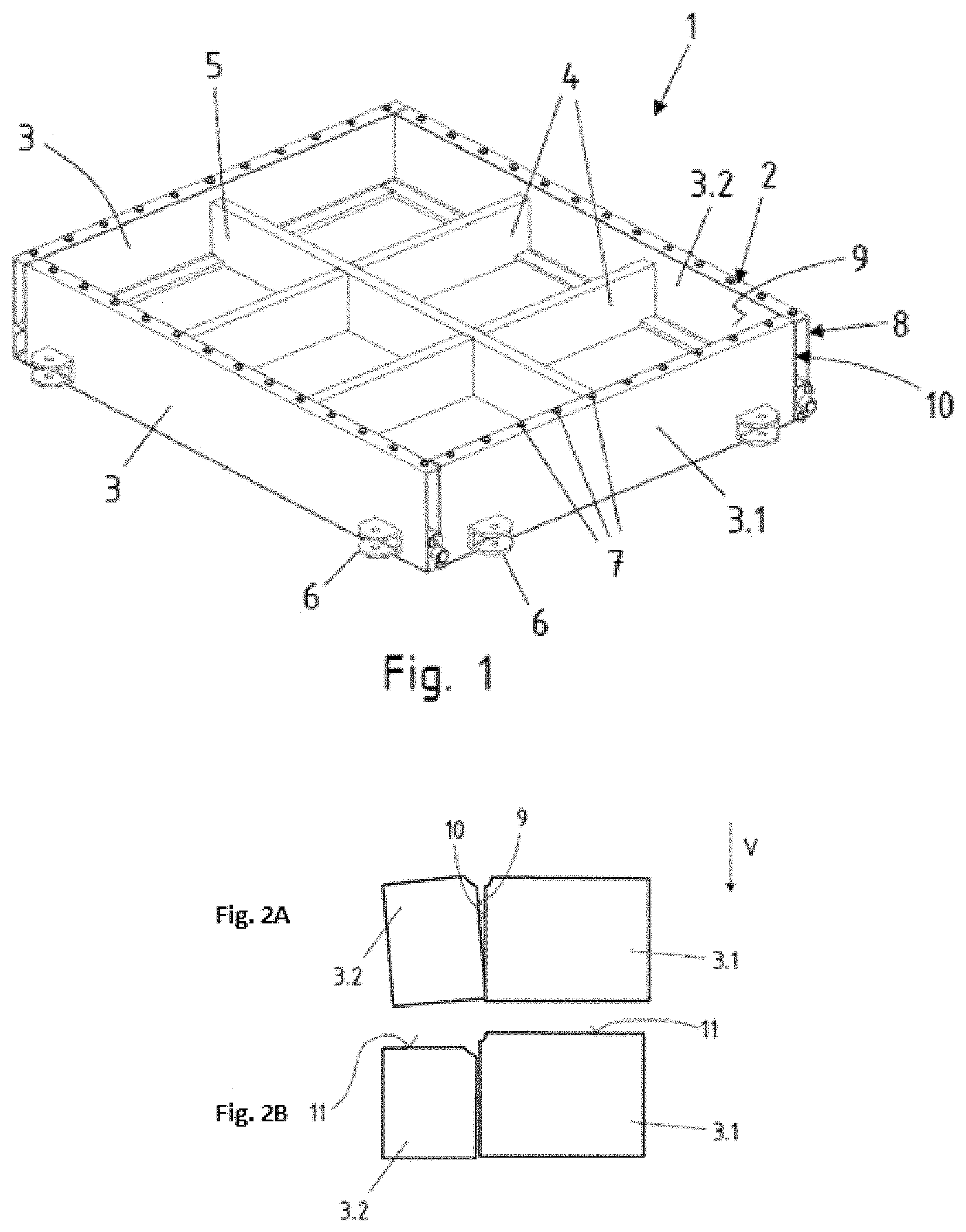 Patent US11772192 Figure 1 – Battery carrier composed of lightweight metal profiles with calibrated ends, and method for the production thereof