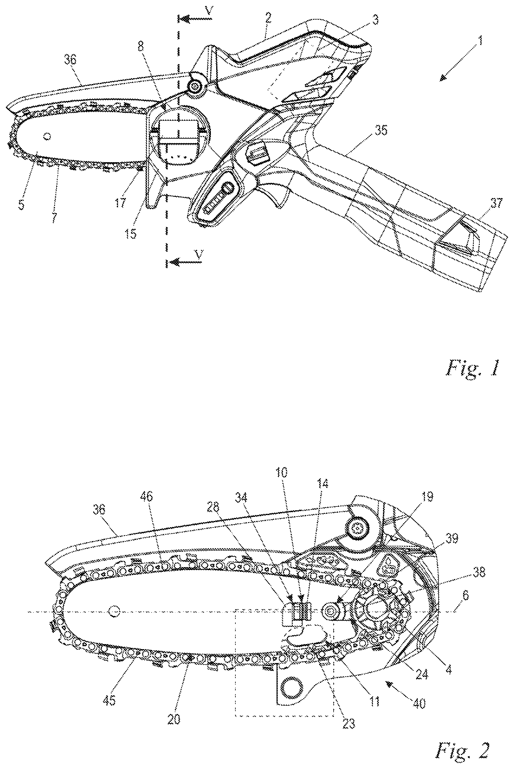 Patent US11772295 Figure 1 – Chain saw and method for tensioning a saw chain of a chain saw