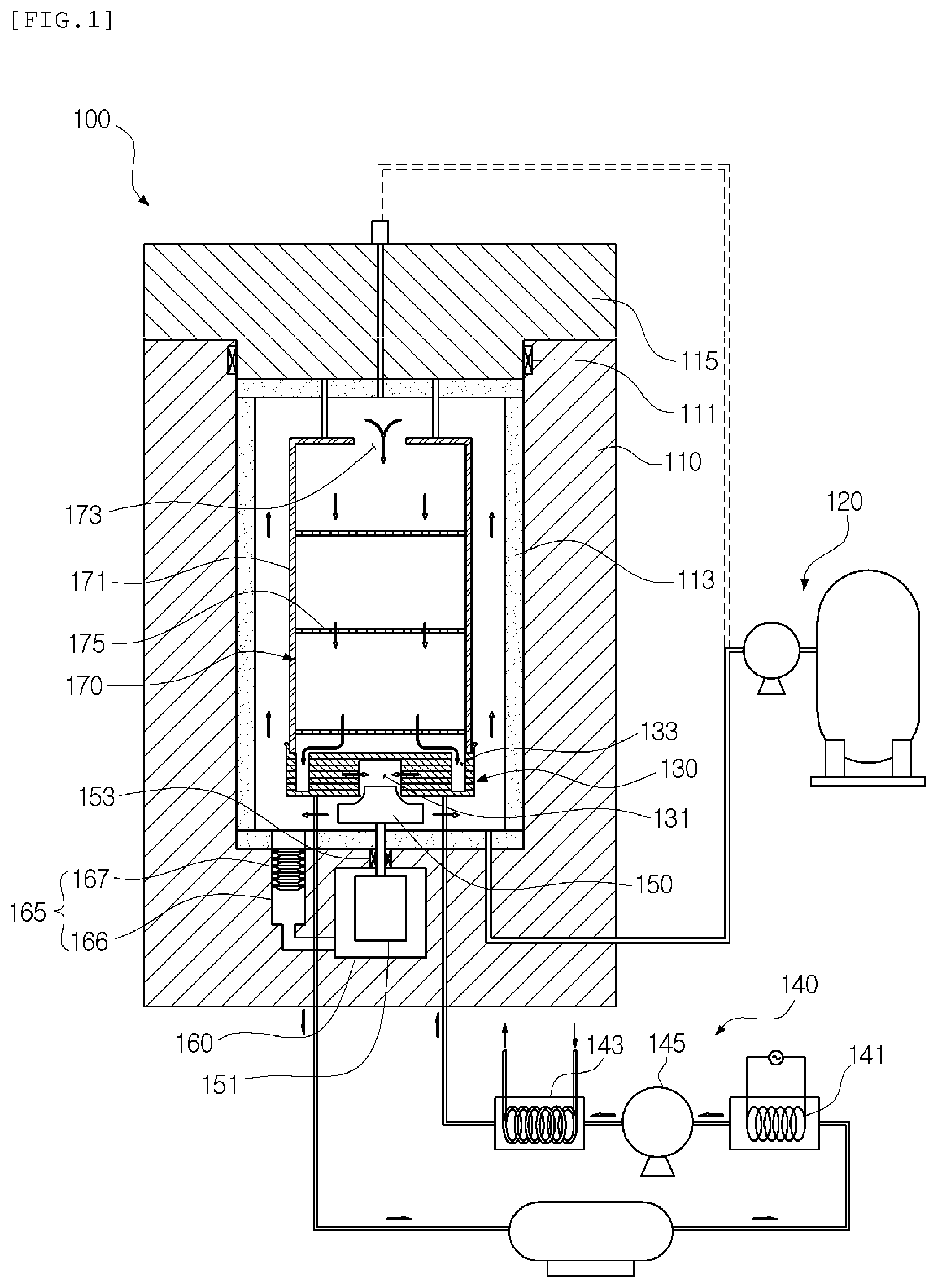Patent US11772307 Figure 1 – Isostatic press apparatus enabling rapid heating and cooling using pressurized liquid circulation fan