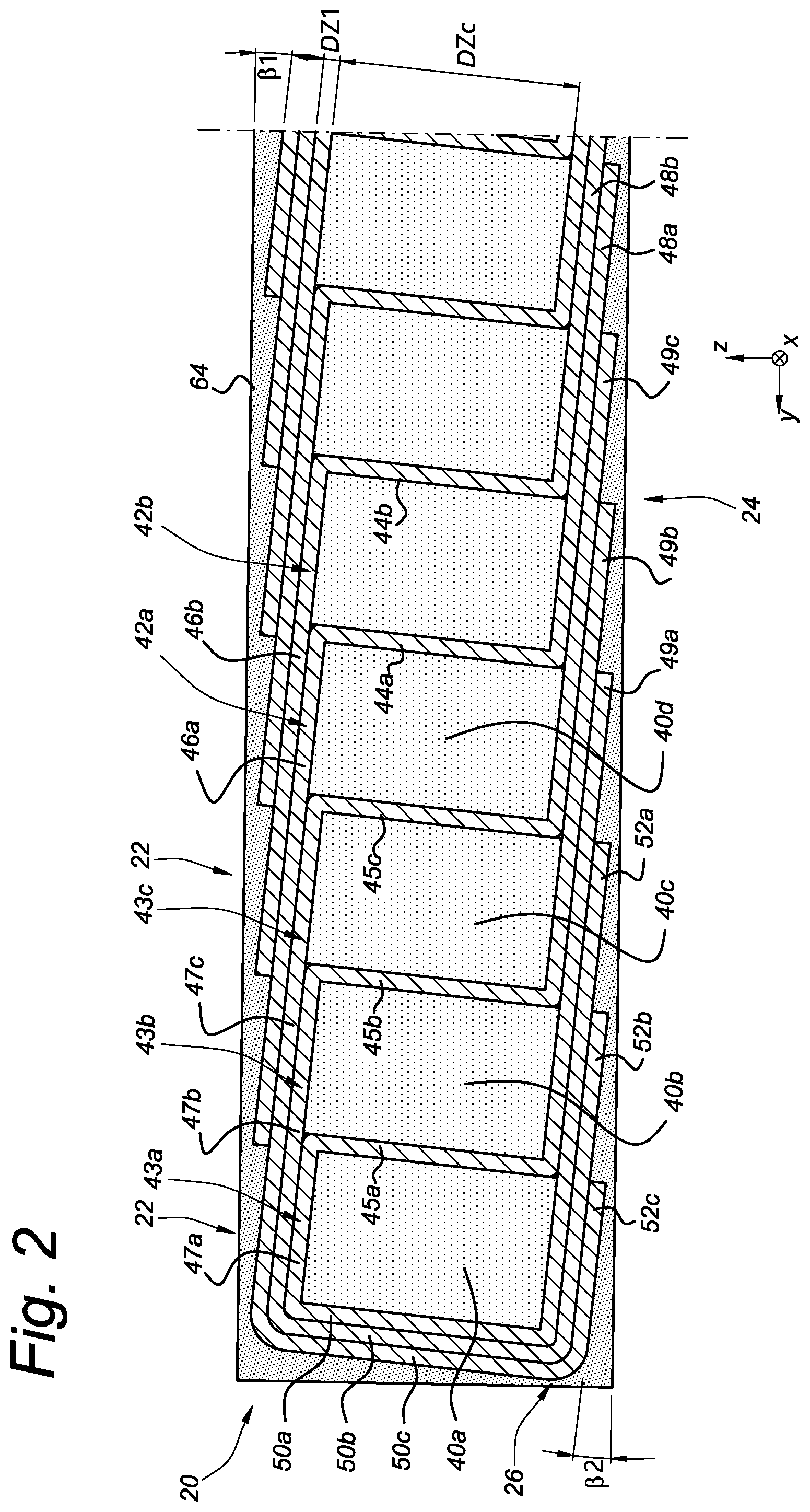 Patent US11772344 Figure 2 – Product with an array of core elements or voids and interposed sheets and methods for forming such a product