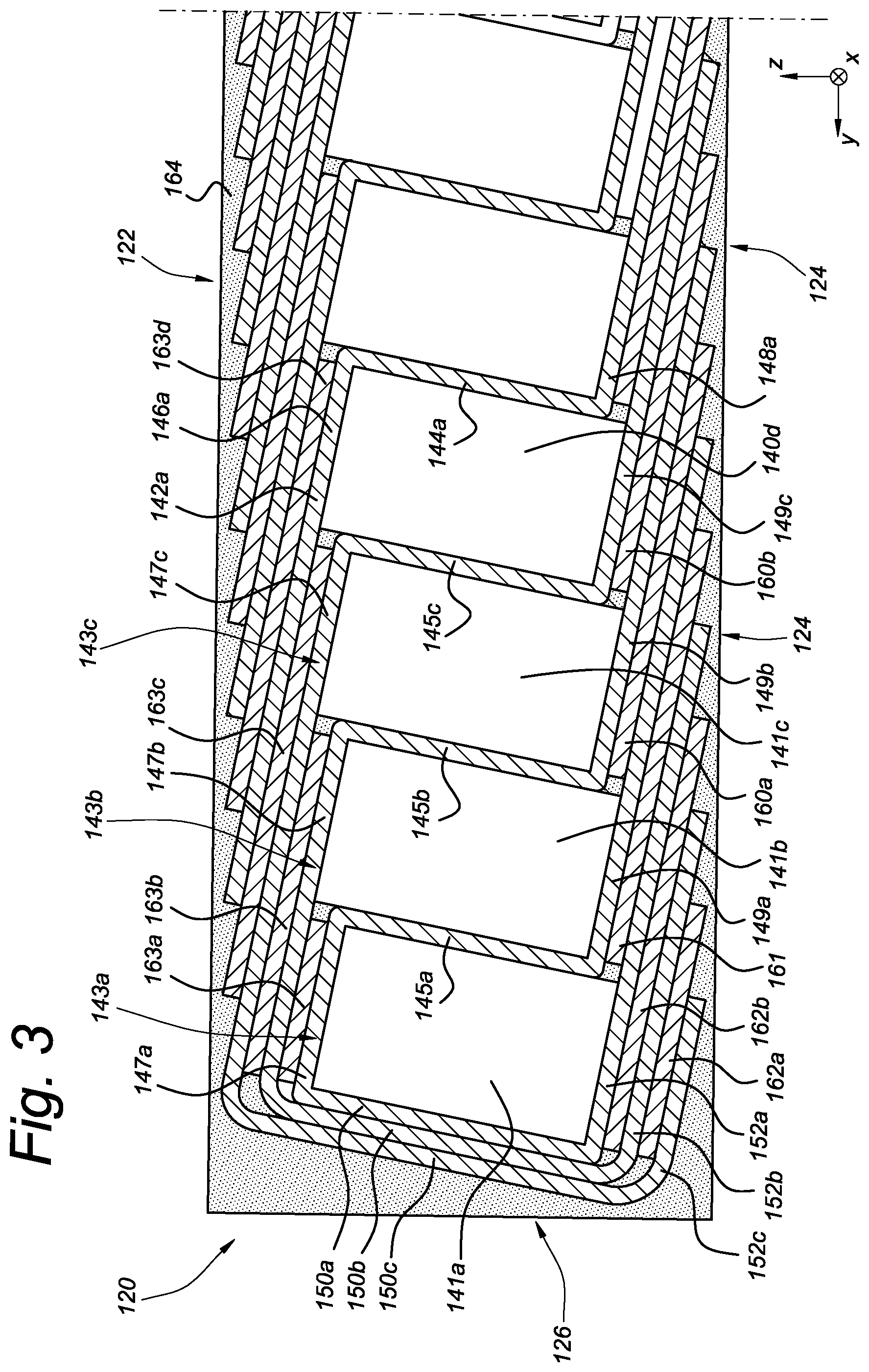 Patent US11772344 Figure 3 – Product with an array of core elements or voids and interposed sheets and methods for forming such a product