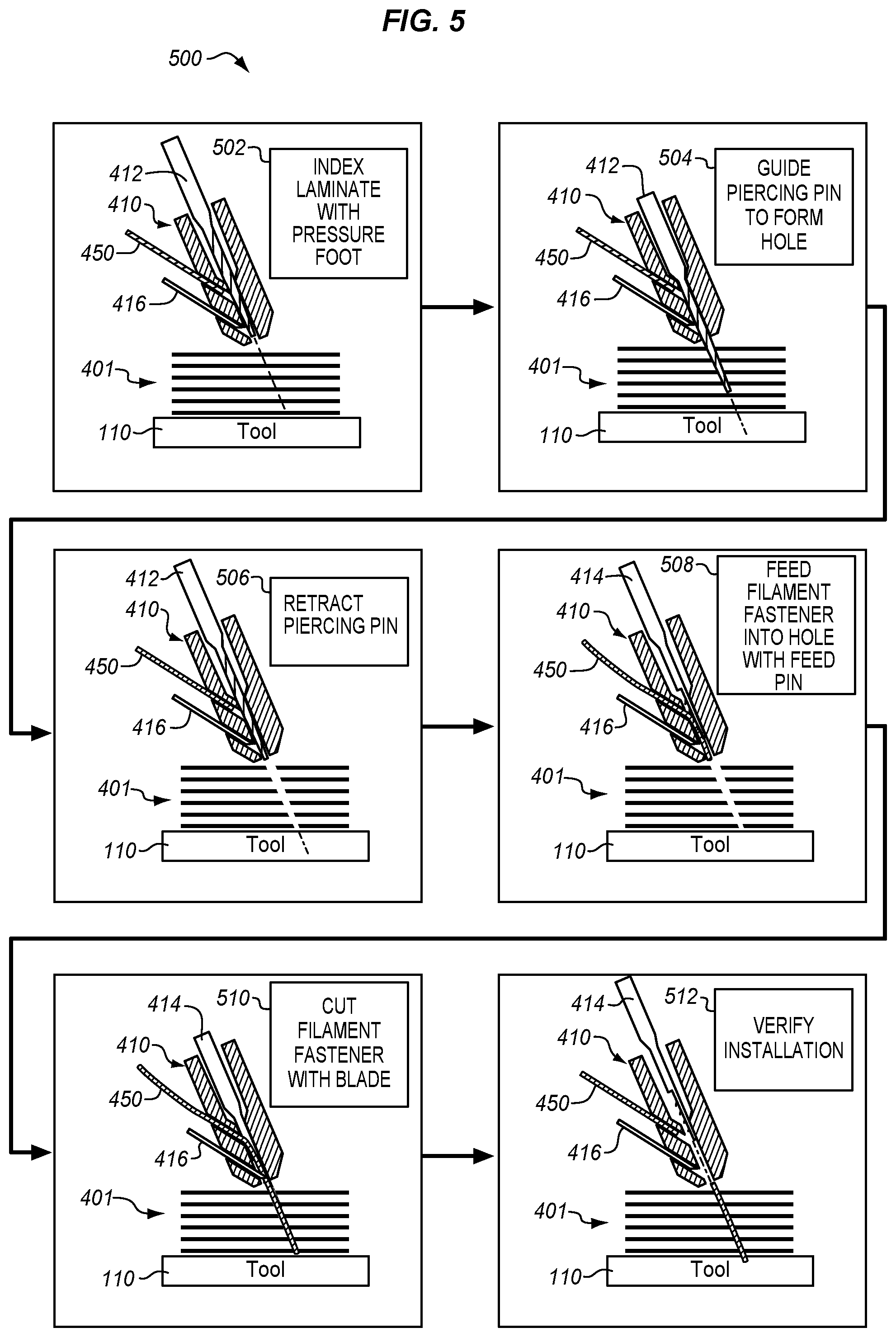 Patent US11772360 Figure 5 – Filament fastener that cures with composite part