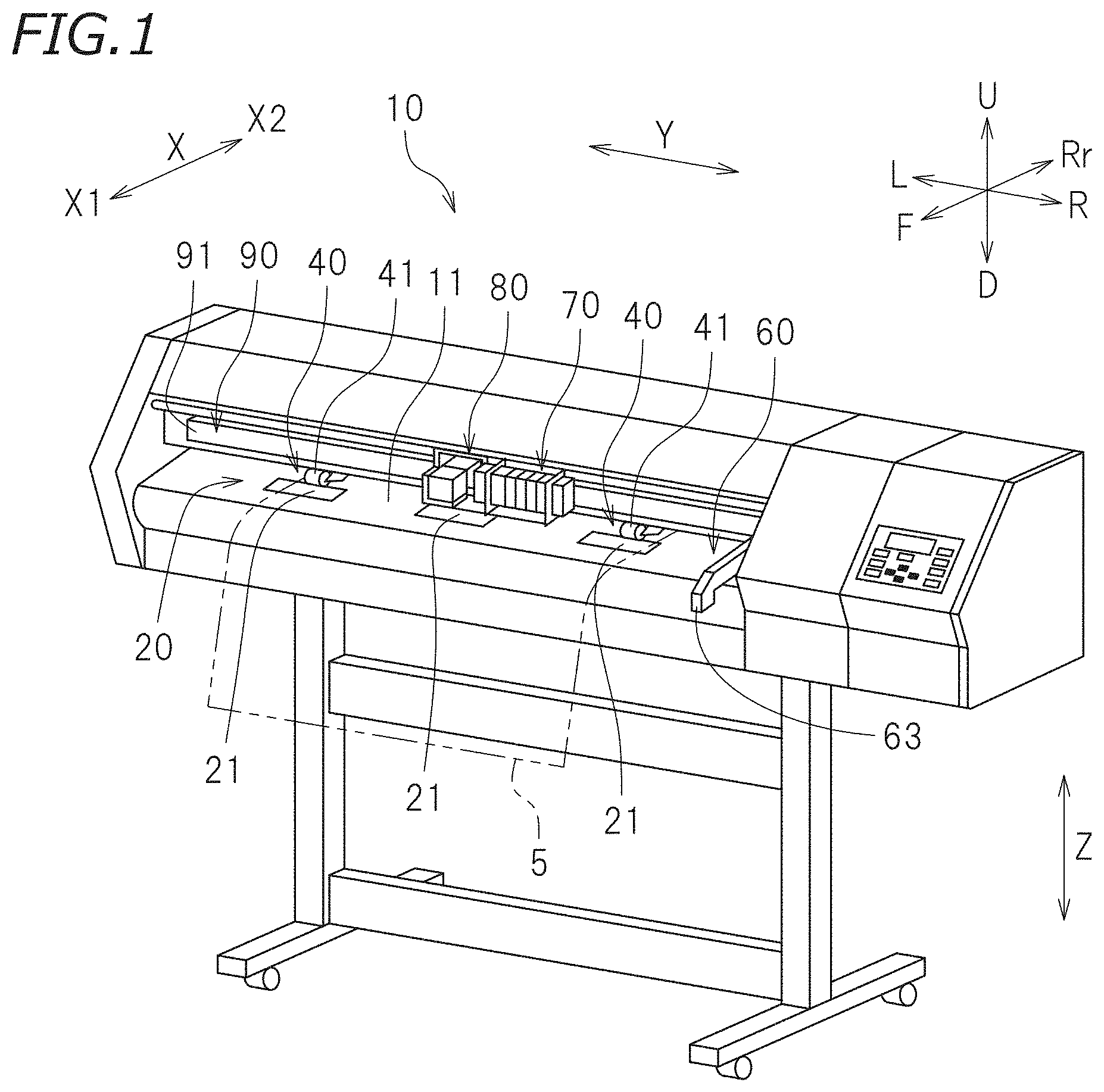 Patent US11772393 Figure 1 – Printer and cutting device with actuated pinch rollers