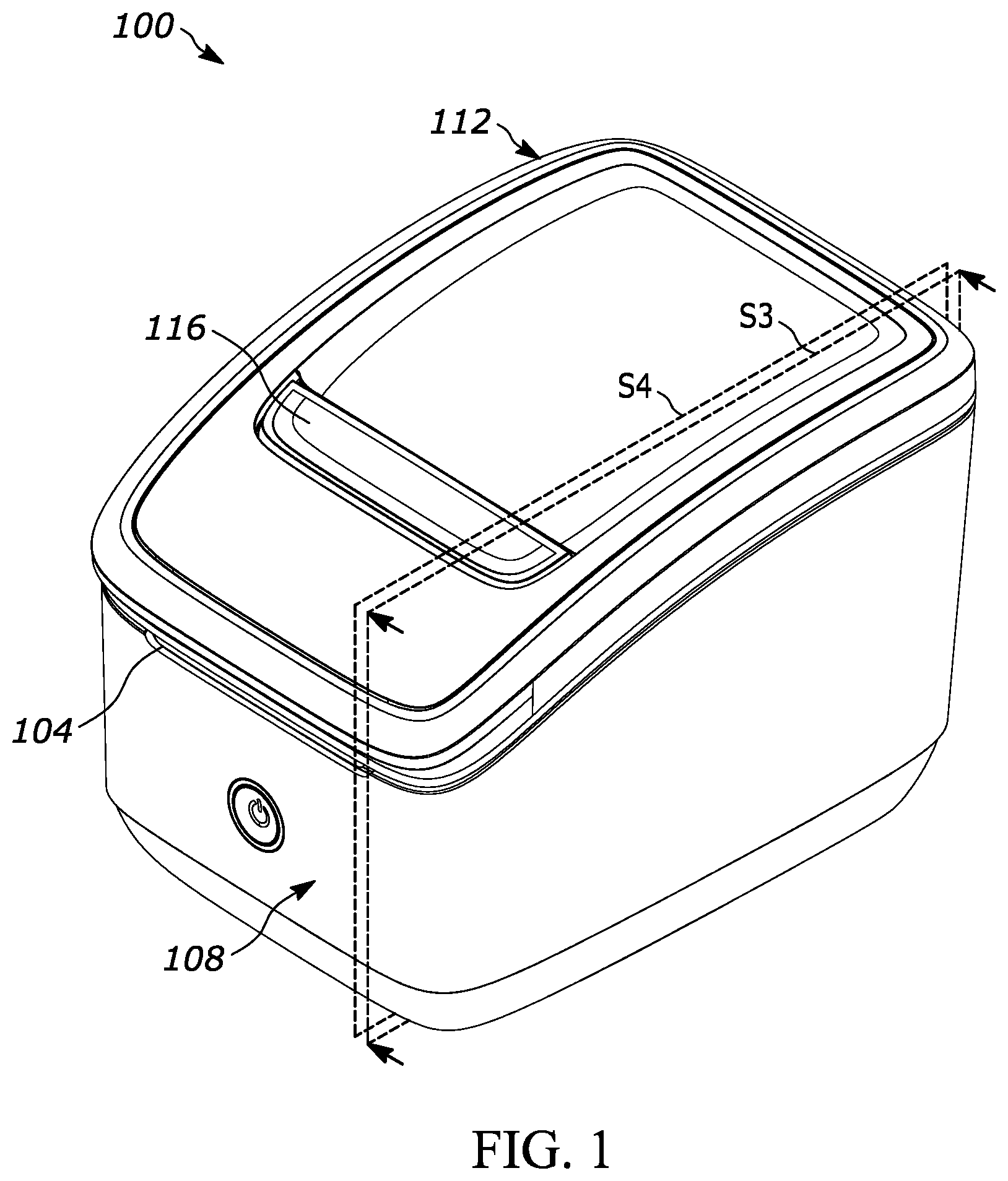Patent US11772395 — Lid subsystem for media processing devices — Figure 1
