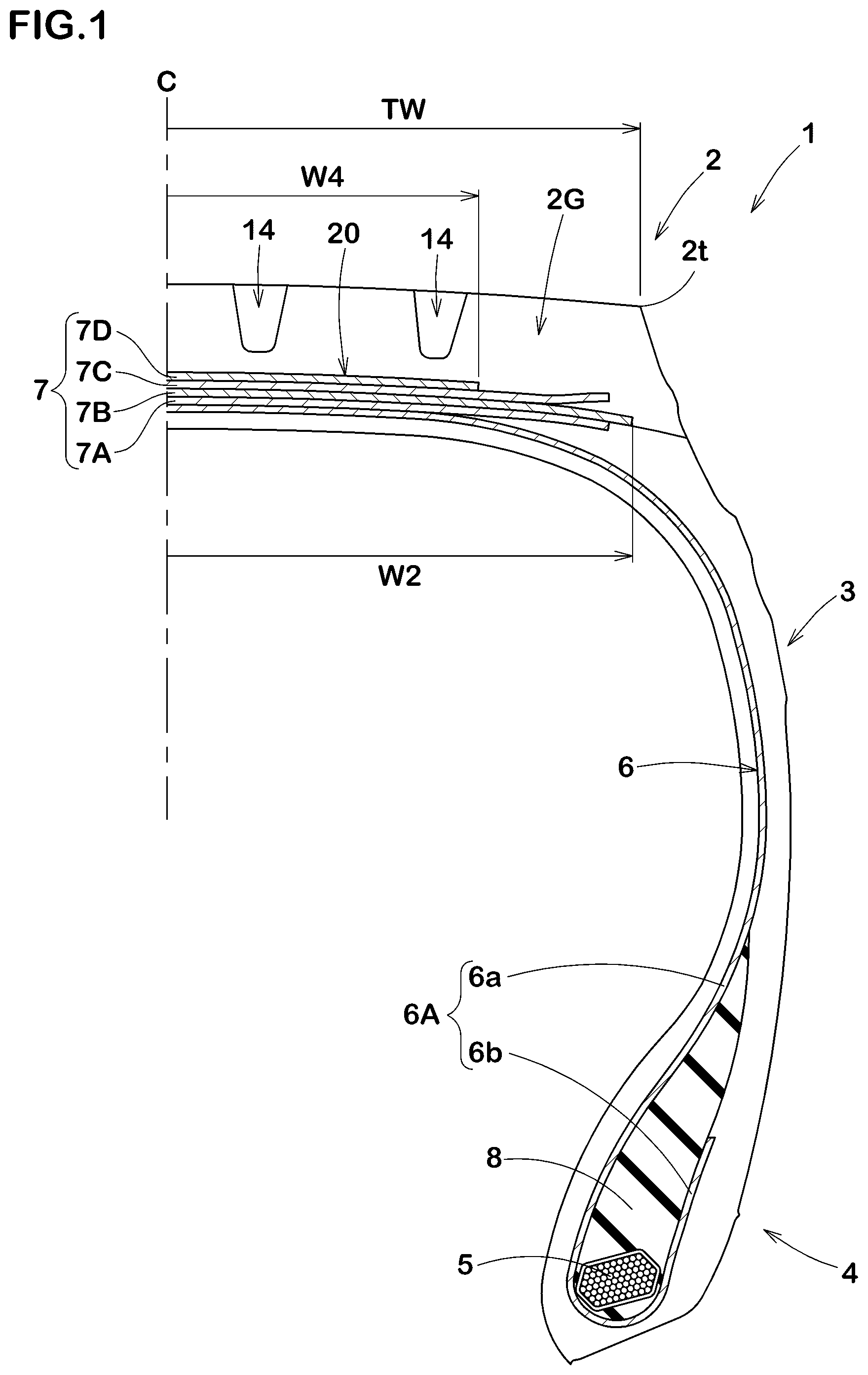 Patent US11772426 Figure 1 – Heavy-duty tire