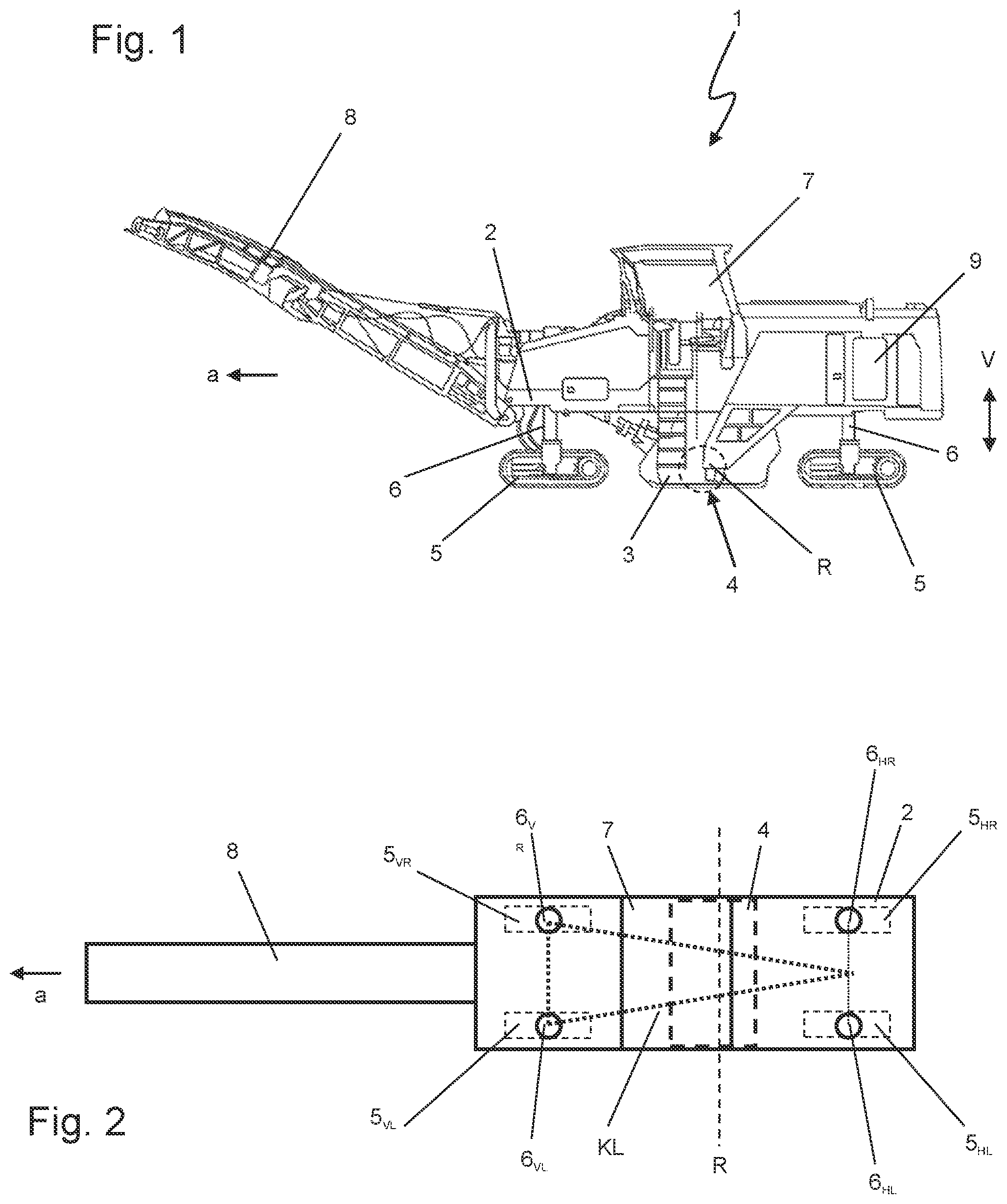 Patent US11772445 Figure 1 – Construction machine, particularly road milling machine, and method for controlling the stroke position of a piston-cylinder unit of a lifting column of a construction machine