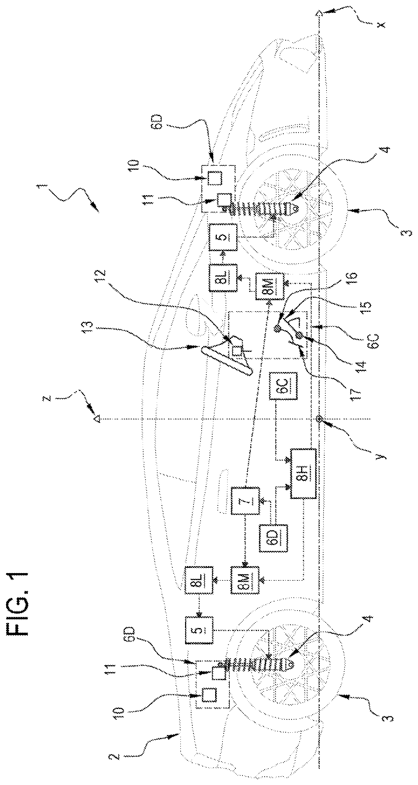 Patent US11772446 Figure 1 – System and method for controlling the stability of a vehicle provided with a semi-active suspension