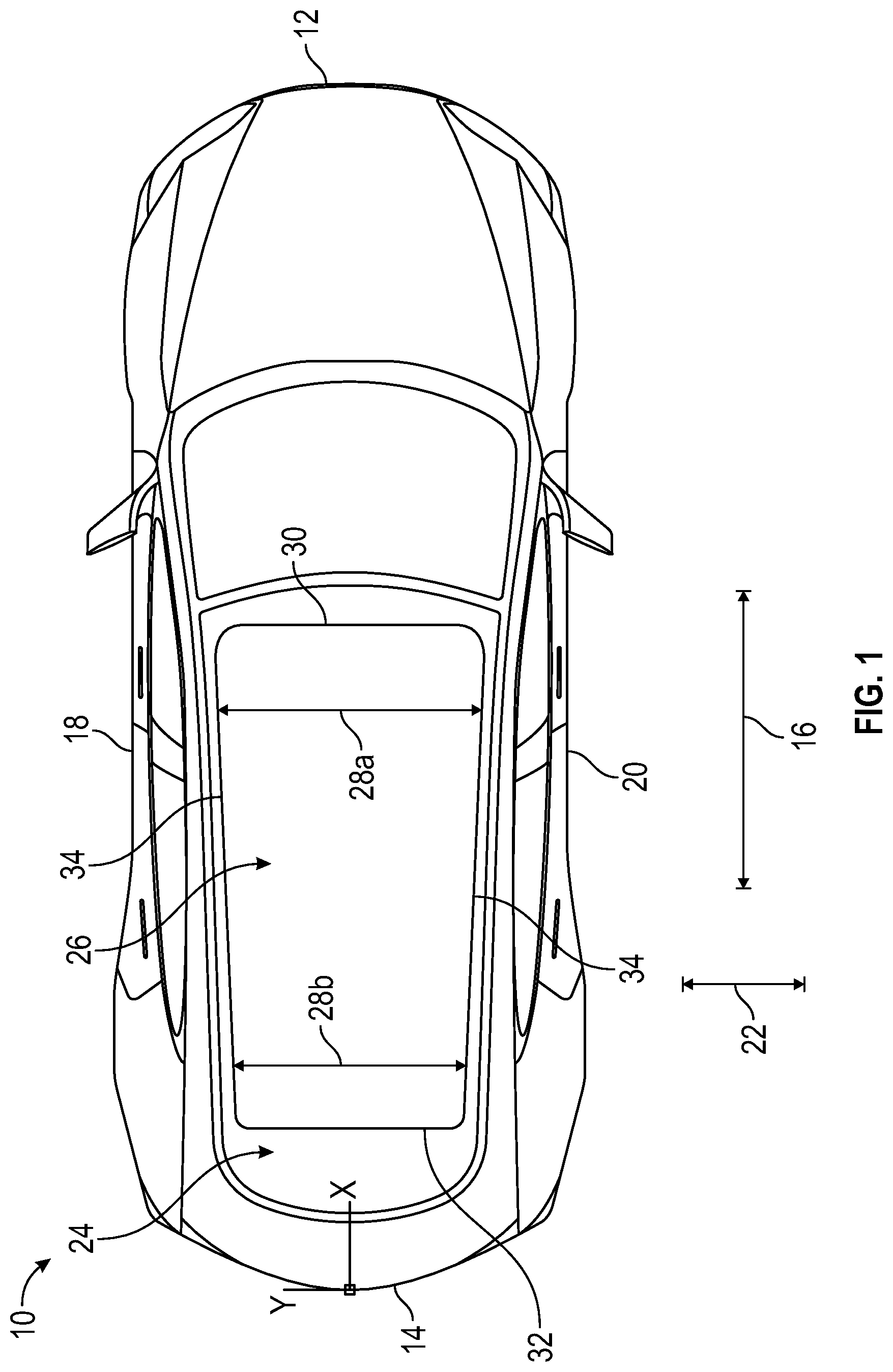 Patent US11772465 Figure 1 – Vehicle sunshade with variable width