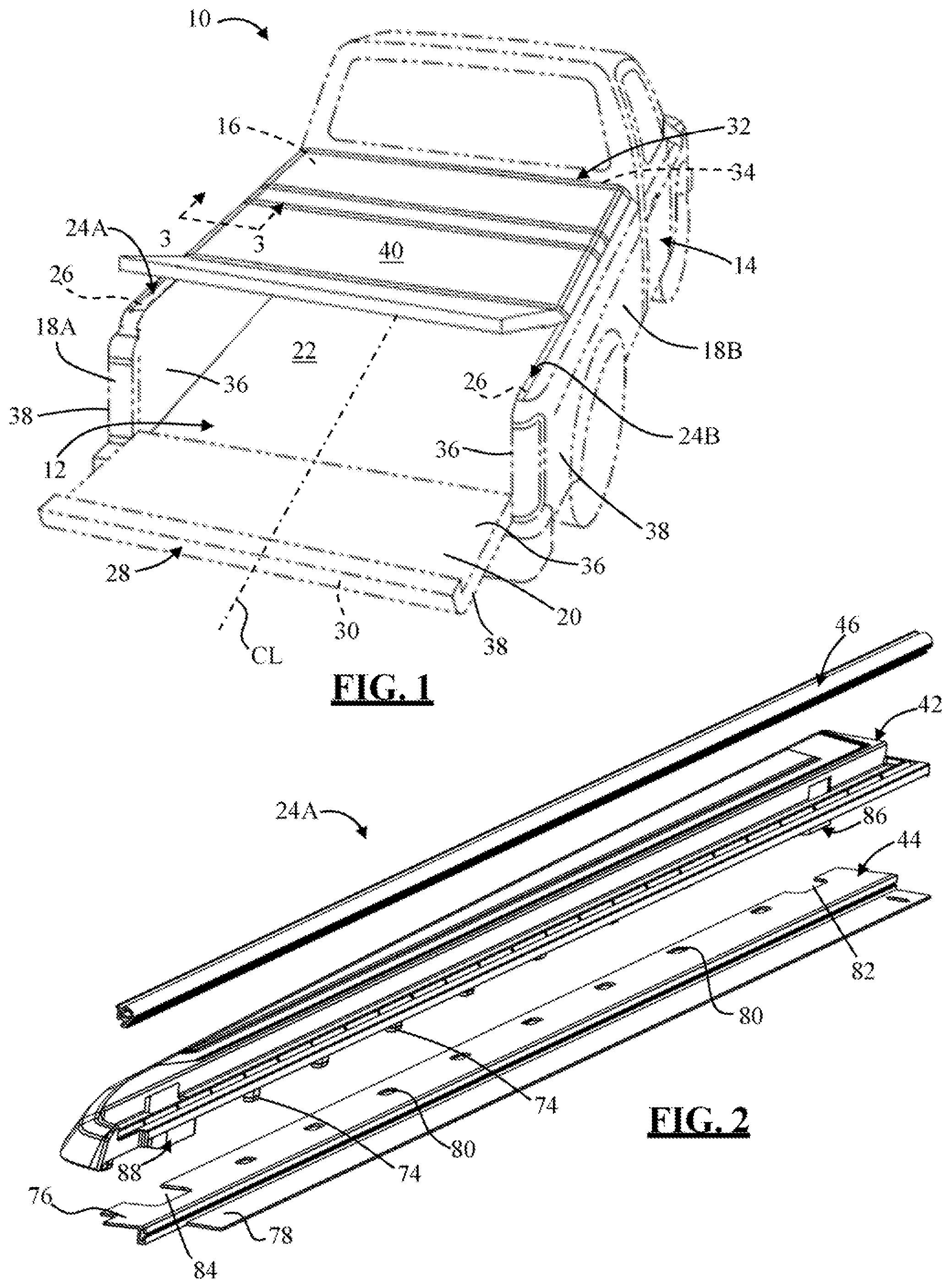 Patent US11772469 Figure 1 – Tonneau cover assembly with a fluid management system
