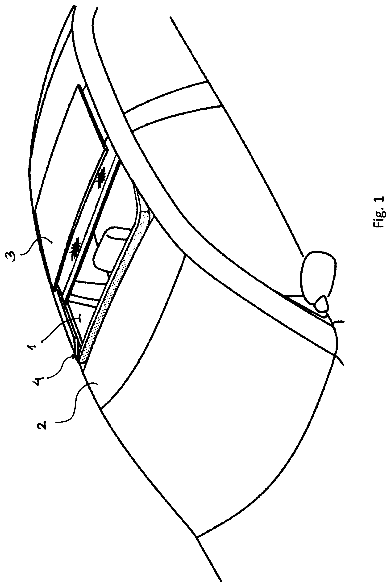 Patent US11772471 Figure 1 – Open roof construction for a vehicle and wind deflector assembly