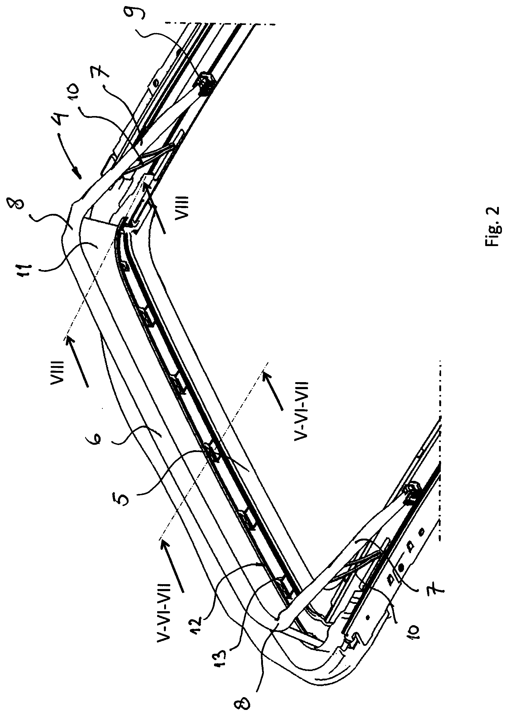Patent US11772471 Figure 2 – Open roof construction for a vehicle and wind deflector assembly