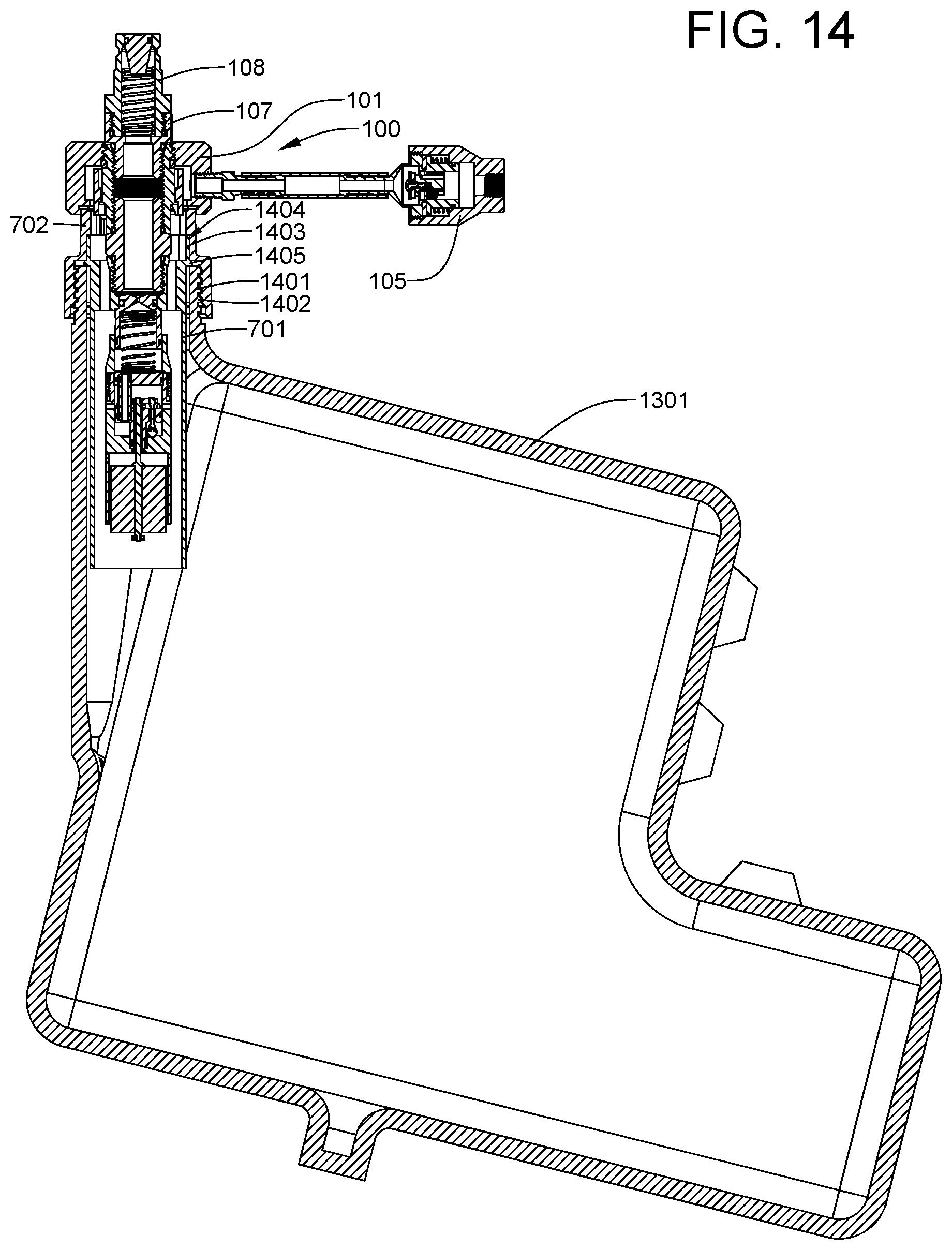 Patent US11772484 Figure 13 – Fully-integrated, fluid flow-control module designed for installation within an ISO filler neck of a top-fill def tank