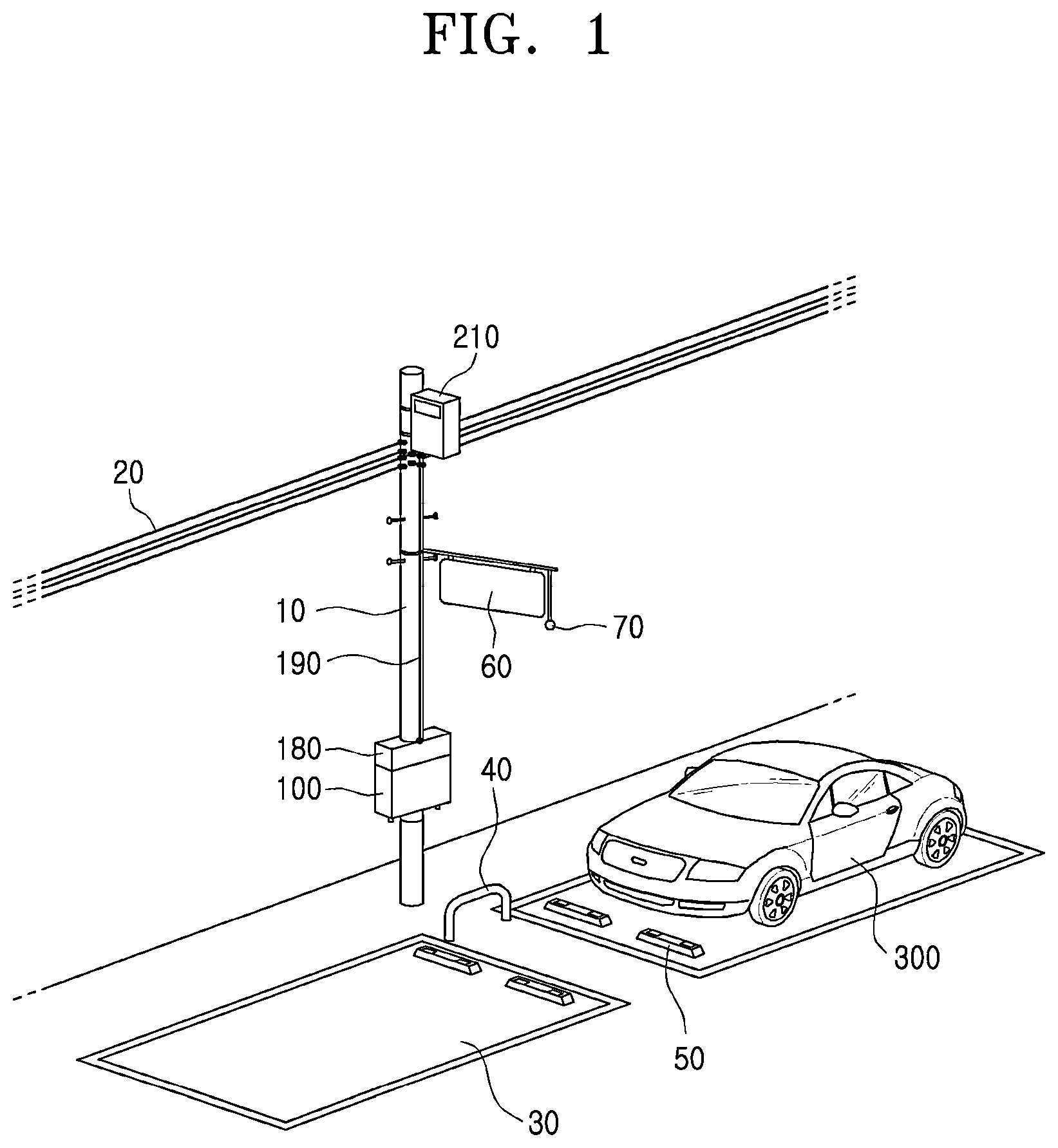 Patent US11772506 Figure 1 – Converter-separated electric vehicle charging system, and electric vehicle charging apparatus installed on utility pole