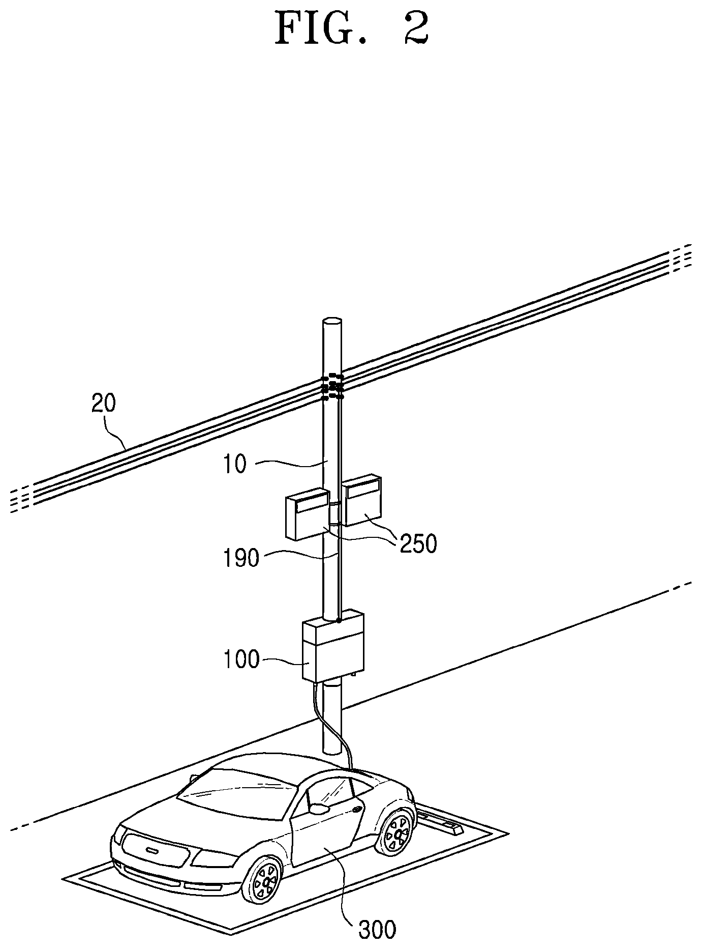 Patent US11772506 Figure 2 – Converter-separated electric vehicle charging system, and electric vehicle charging apparatus installed on utility pole