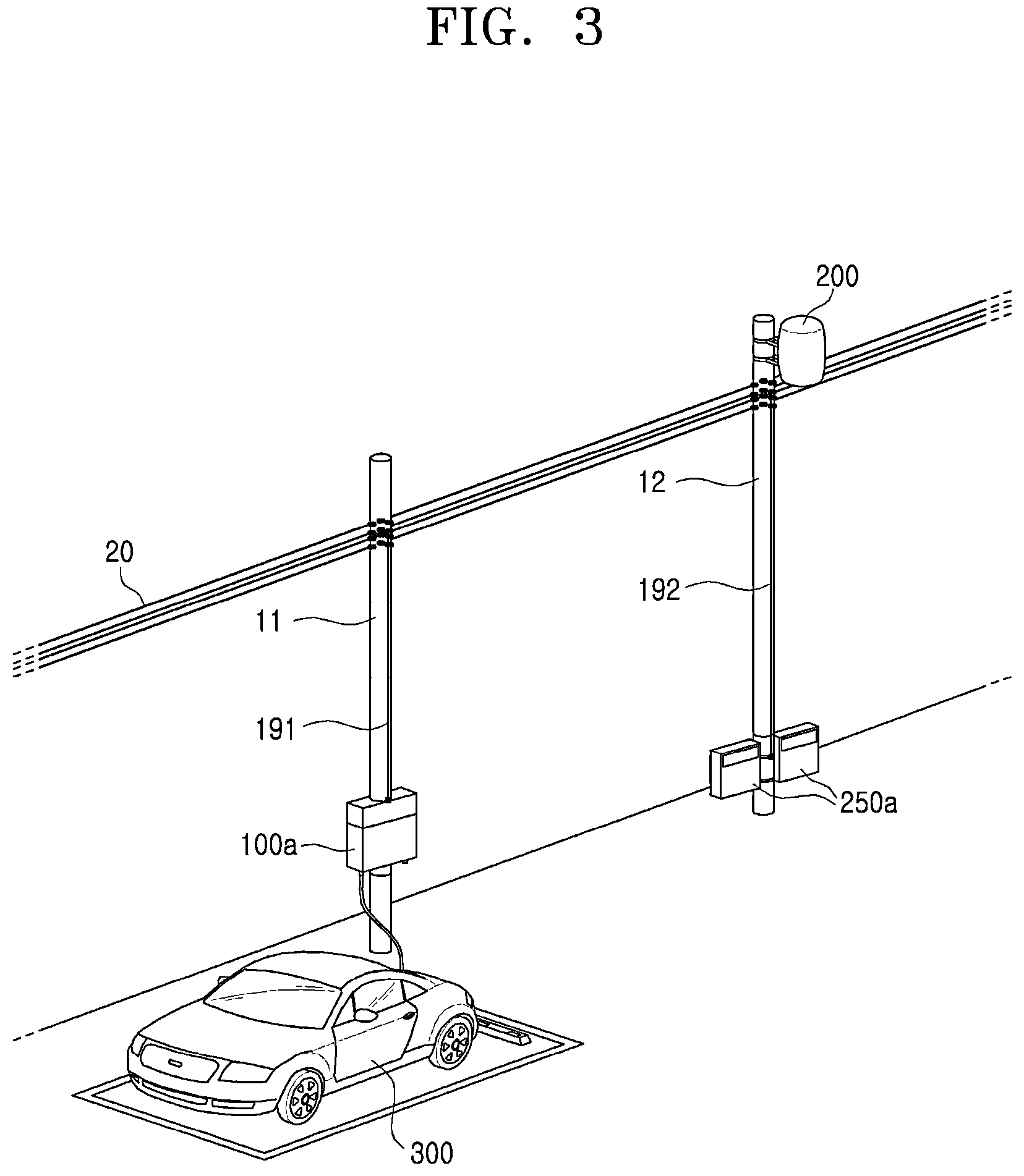 Patent US11772506 Figure 3 – Converter-separated electric vehicle charging system, and electric vehicle charging apparatus installed on utility pole