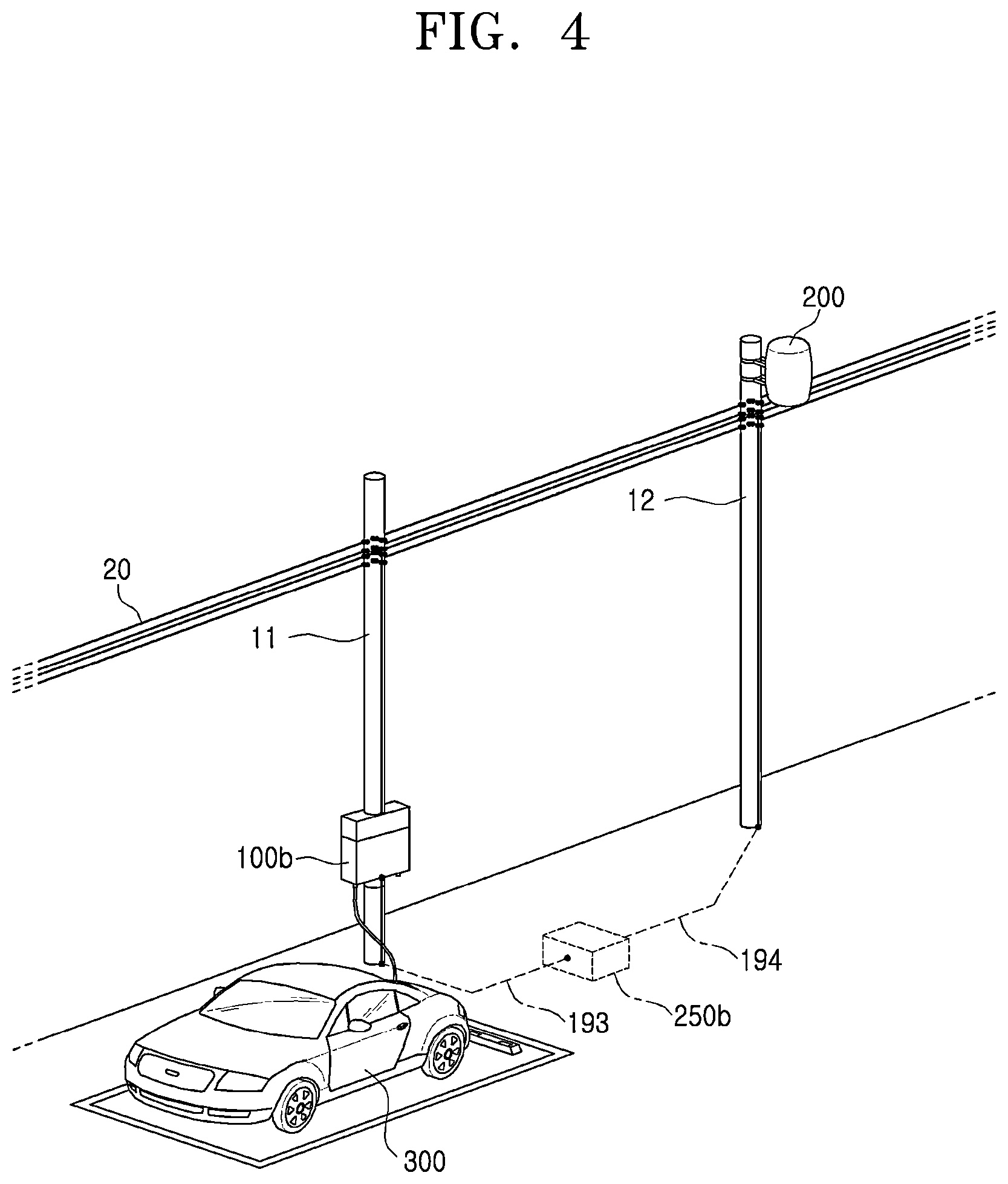 Patent US11772506 Figure 4 – Converter-separated electric vehicle charging system, and electric vehicle charging apparatus installed on utility pole