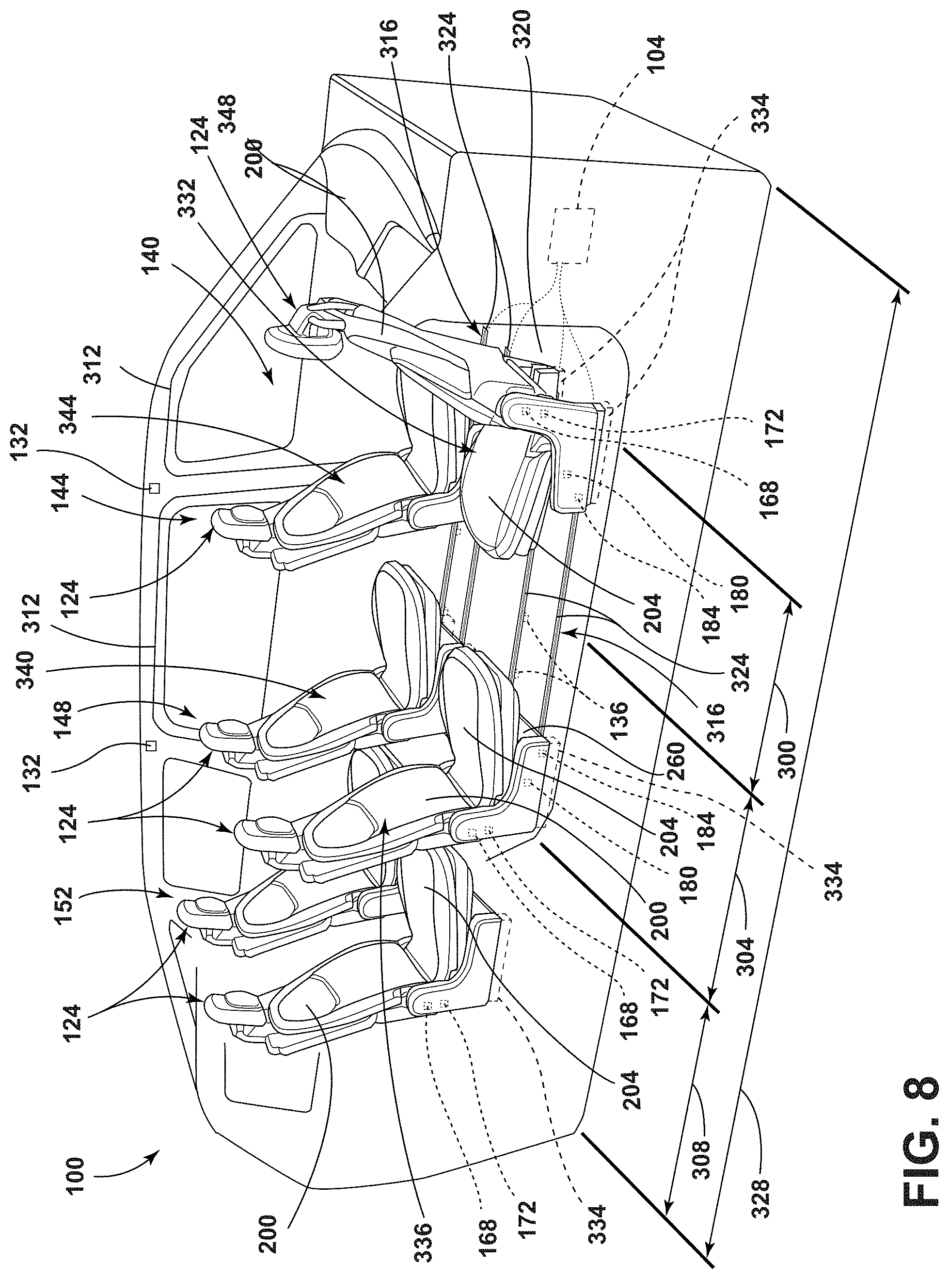 Patent US11772517 Figure 8 – Vehicular system capable of adjusting a passenger compartment from a child seat arrangement to a second arrangement