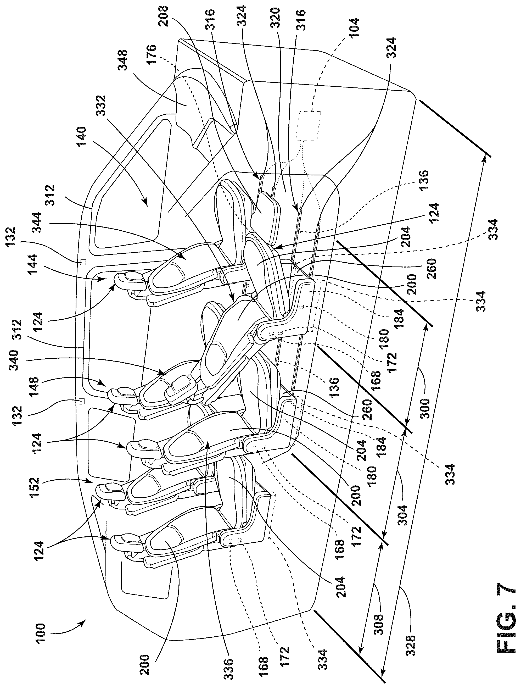 Patent US11772519 Figure 7 – Vehicular system capable of adjusting a passenger compartment from a first arrangement to a child seat arrangement