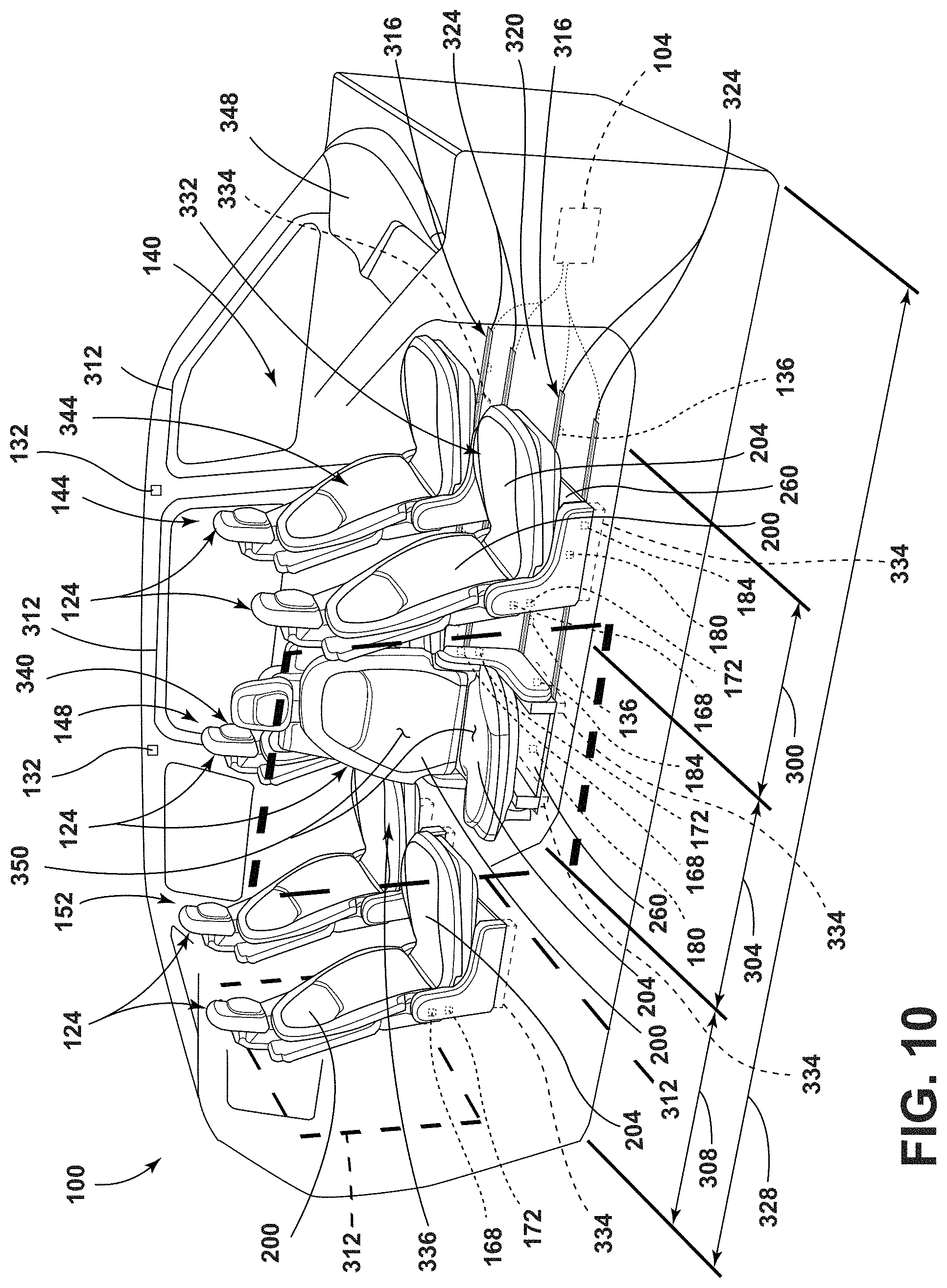 Patent US11772519 Figure 10 – Vehicular system capable of adjusting a passenger compartment from a first arrangement to a child seat arrangement