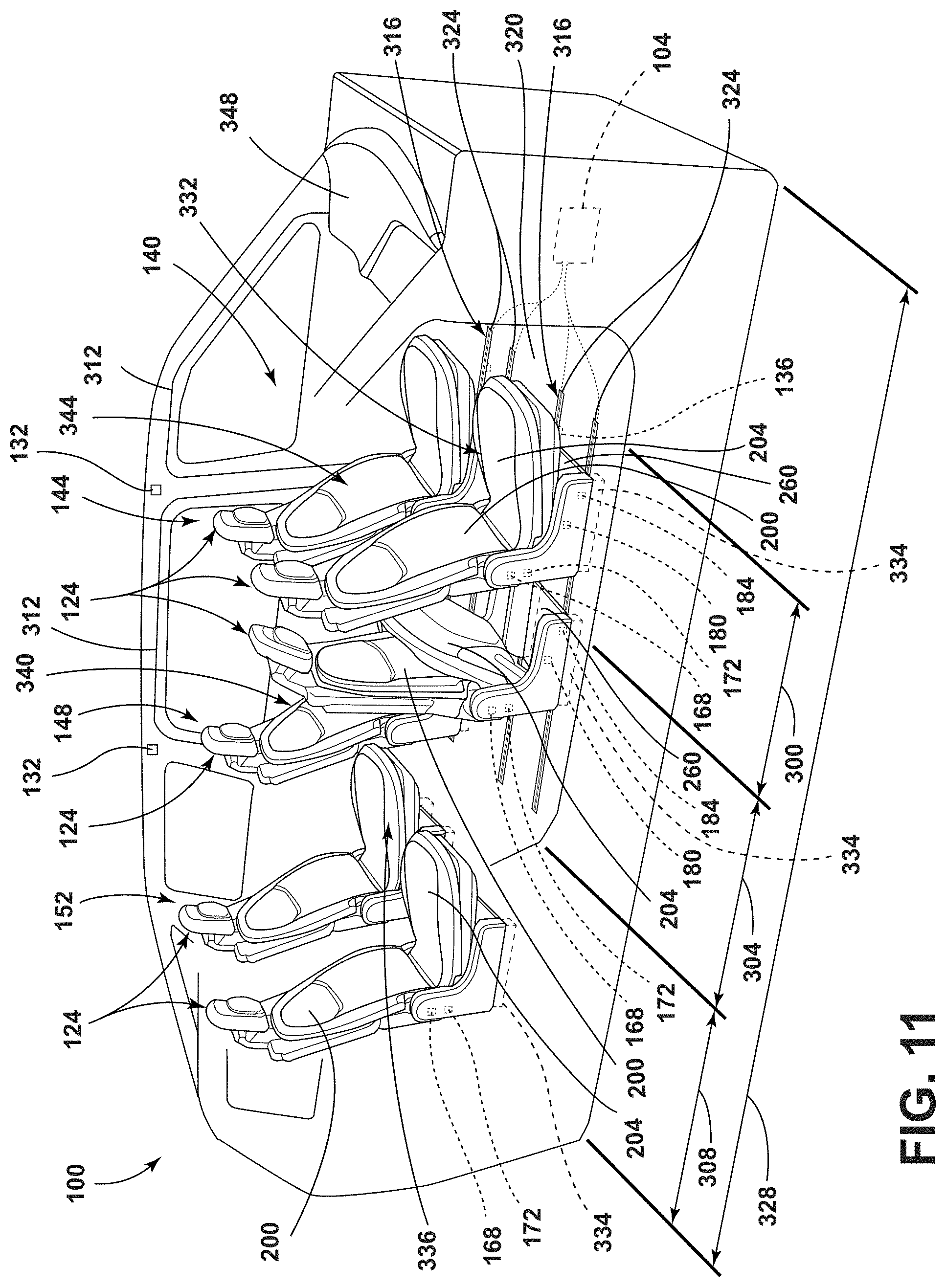 Patent US11772519 Figure 11 – Vehicular system capable of adjusting a passenger compartment from a first arrangement to a child seat arrangement