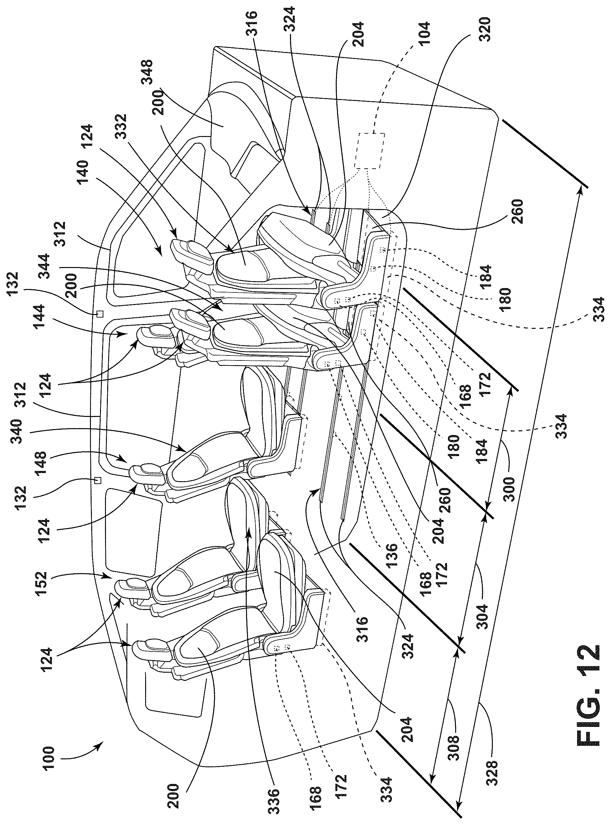 Patent US11772519 Figure 12 – Vehicular system capable of adjusting a passenger compartment from a first arrangement to a child seat arrangement