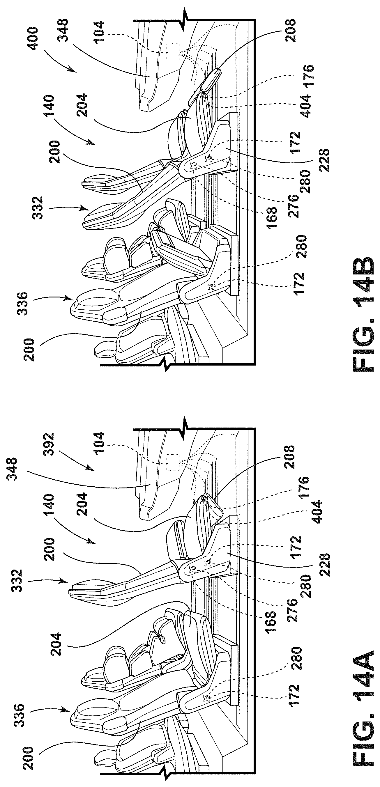 Patent US11772519 Figure 14 – Vehicular system capable of adjusting a passenger compartment from a first arrangement to a child seat arrangement