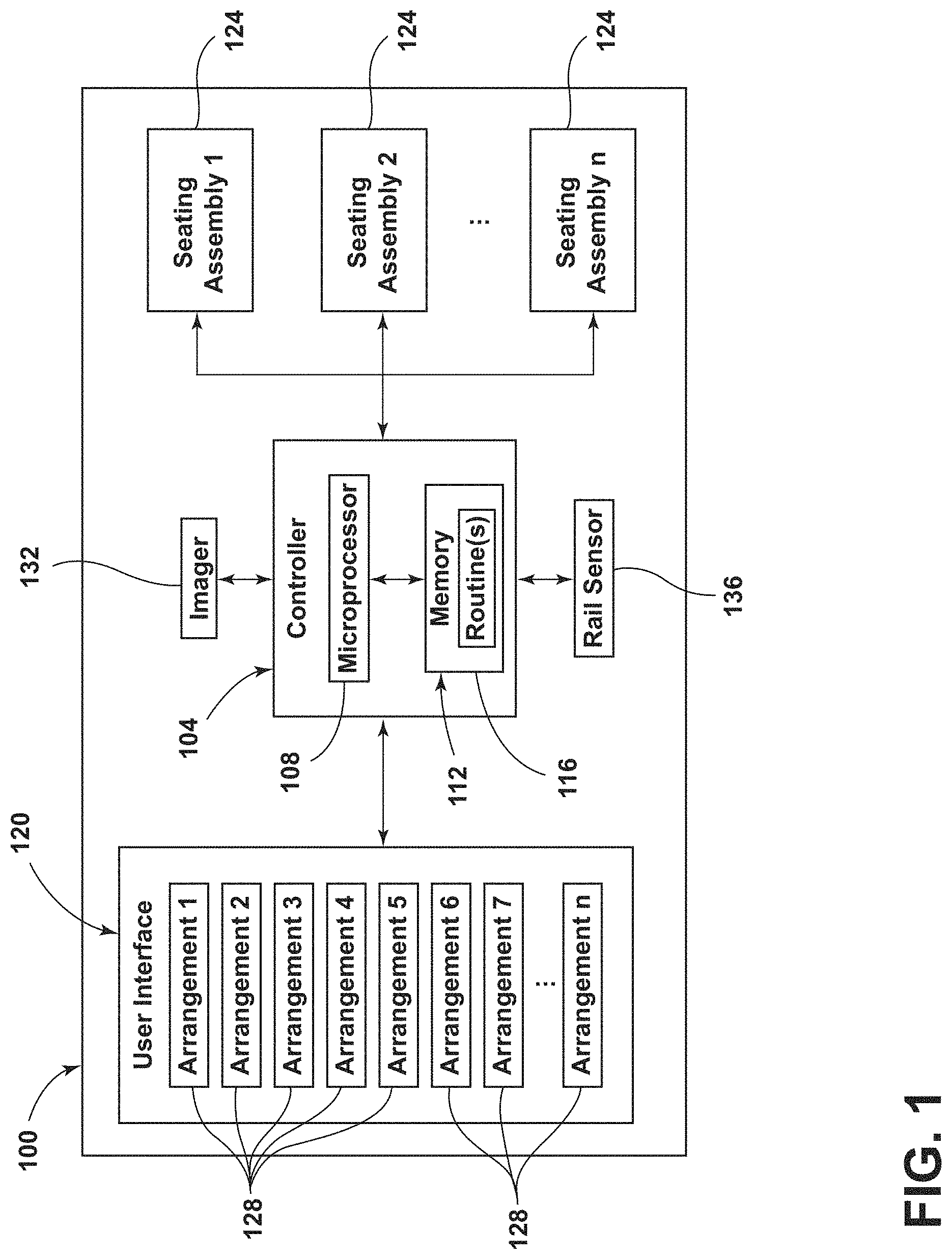 Patent US11772520 — Remote notification and adjustment of a passenger compartment arrangement — Figure 1