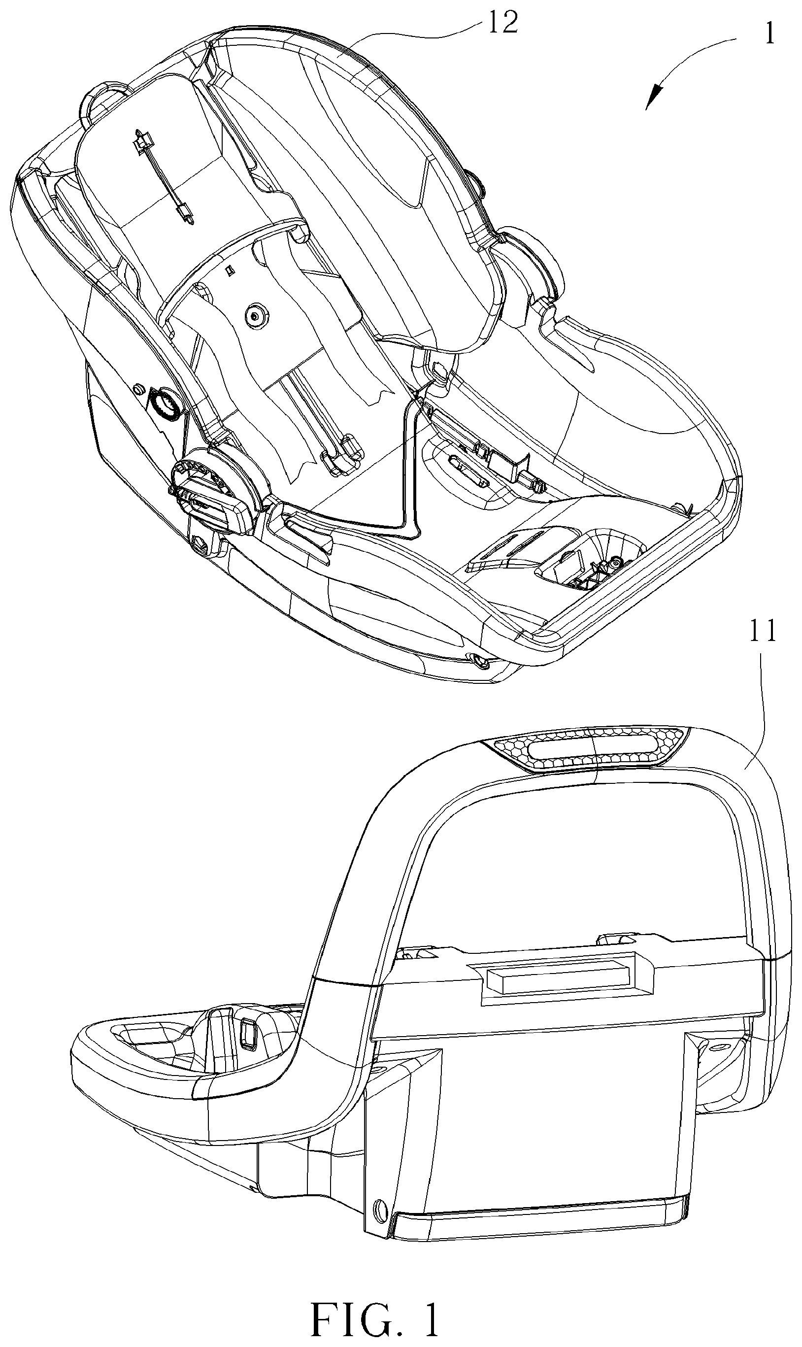 Patent US11772528 Figure 1 – Child restraint carrier and locking mechanism thereof