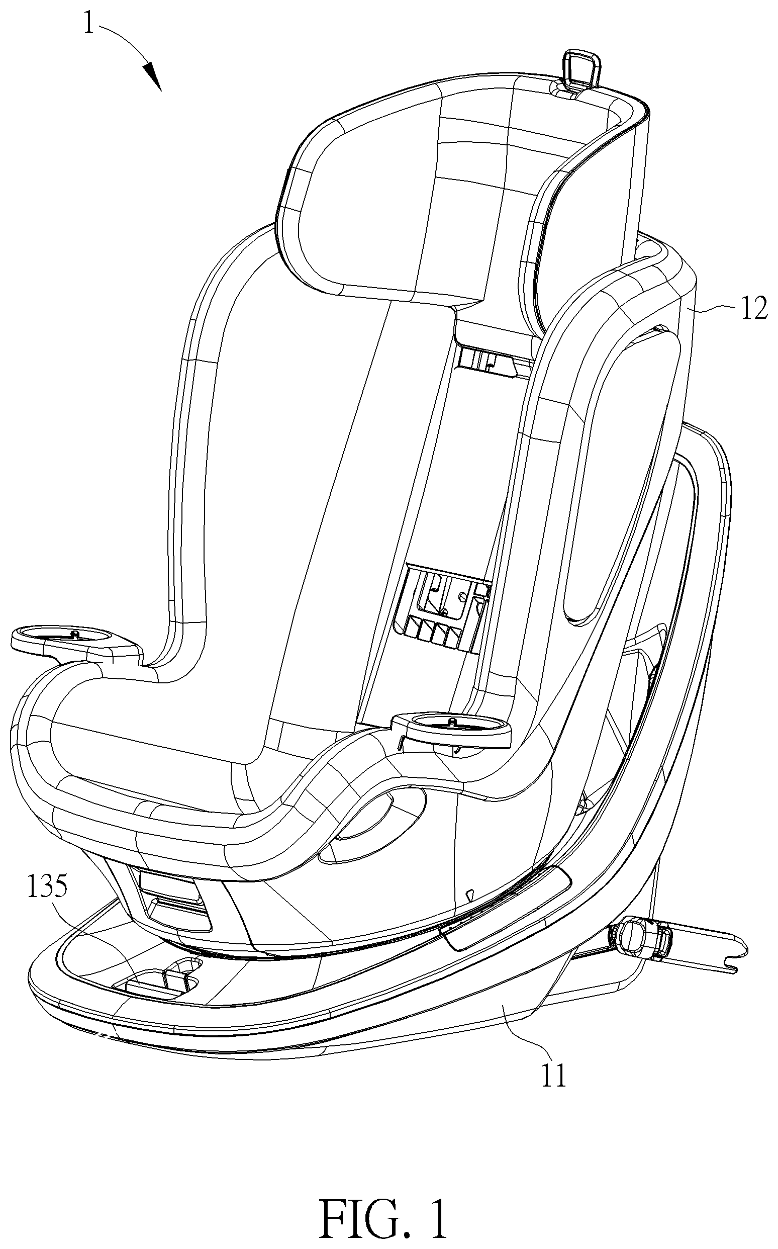 Patent US11772529 Figure 1 – Child safety seat and related spin lock mechanism