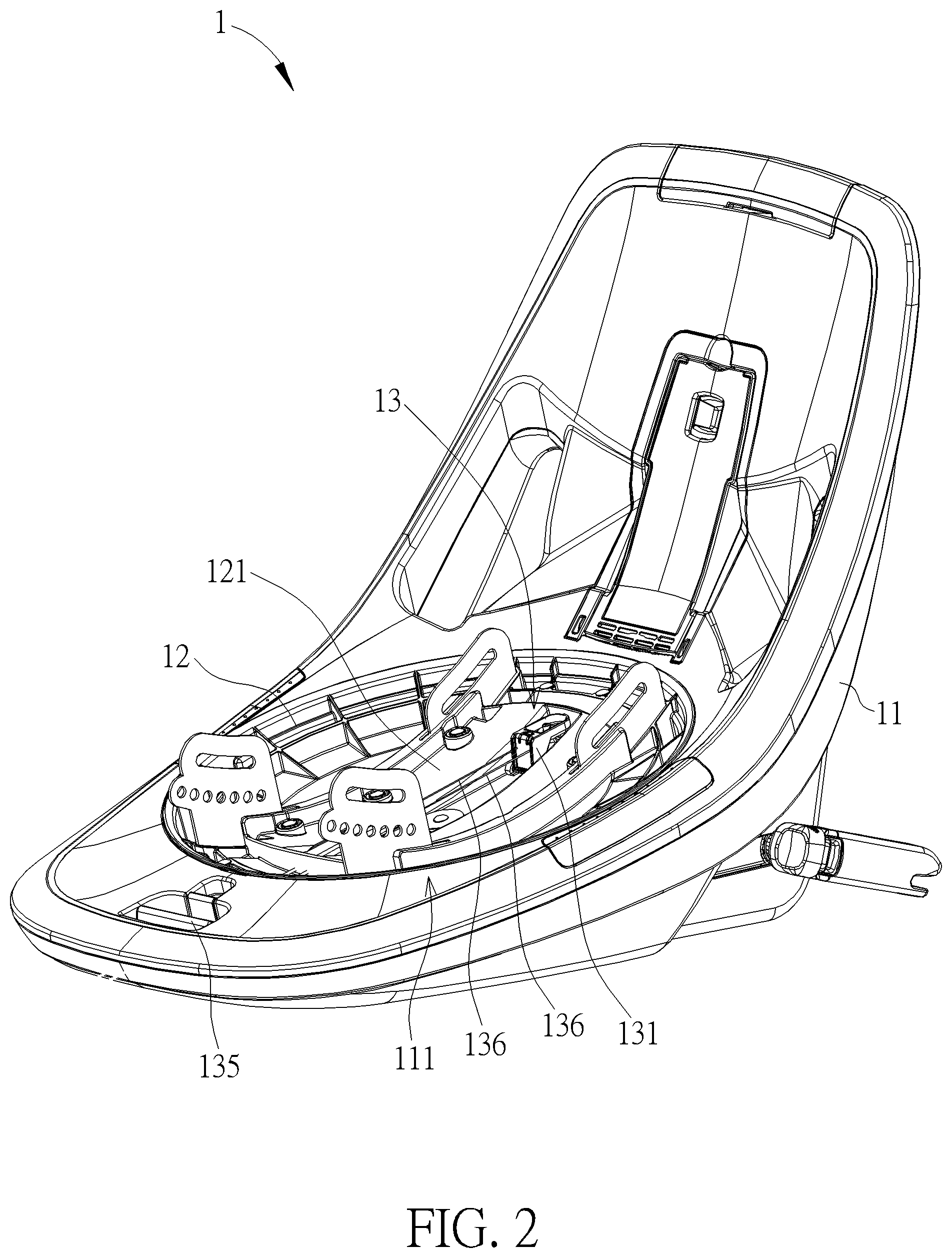 Patent US11772529 Figure 2 – Child safety seat and related spin lock mechanism