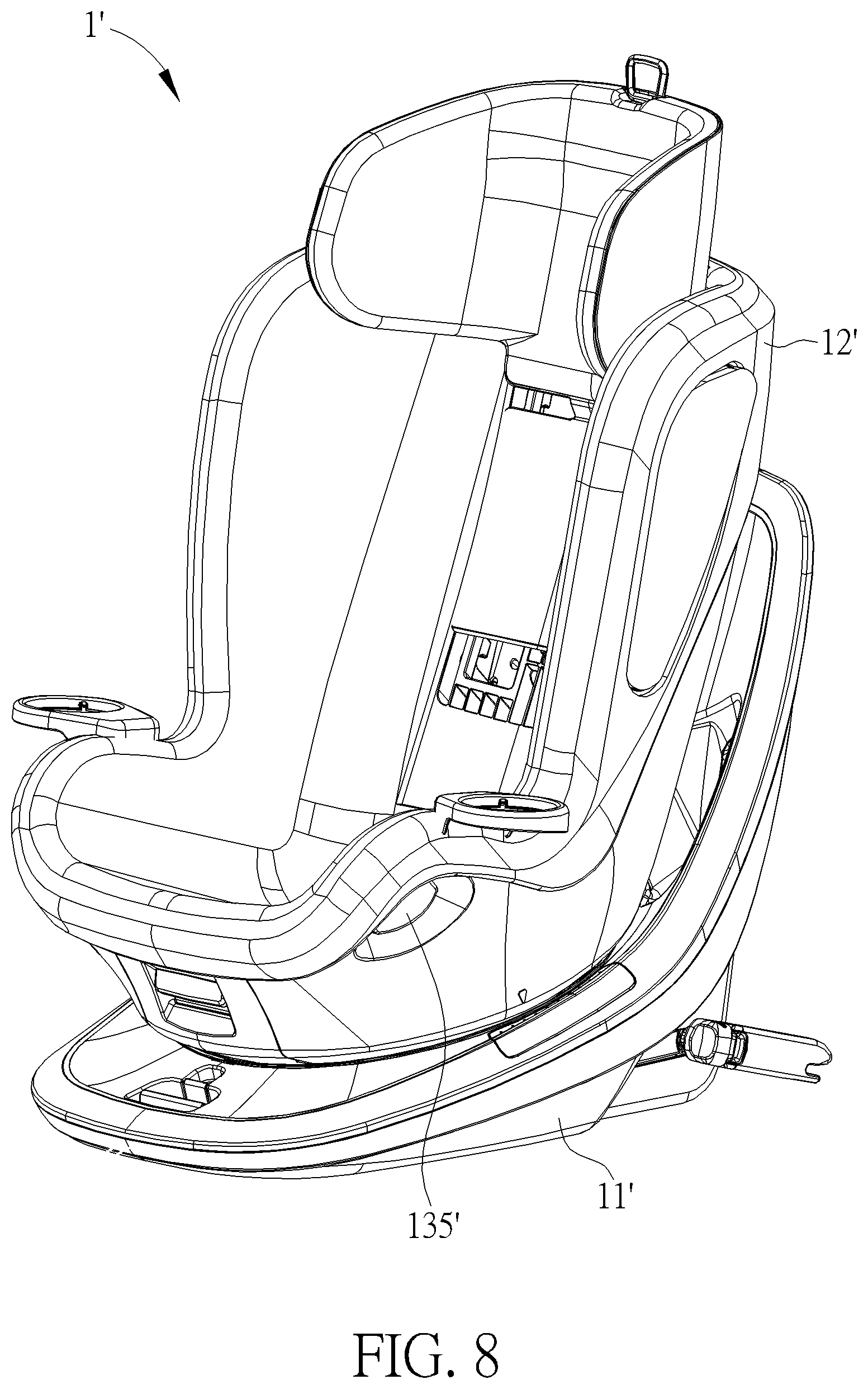 Patent US11772529 Figure 8 – Child safety seat and related spin lock mechanism