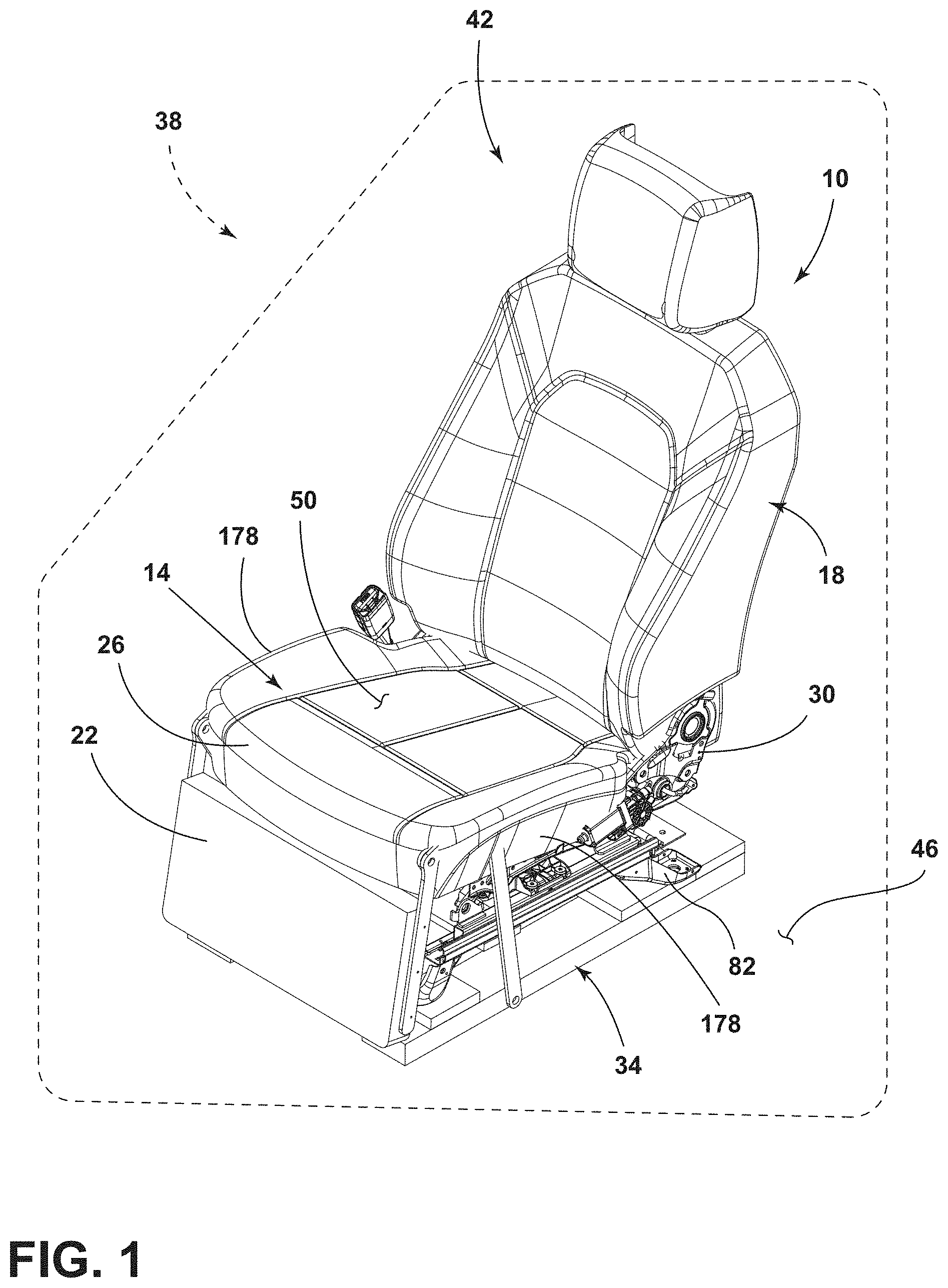 Patent US11772536 Figure 1 – Vehicle seating assembly with lower leg support