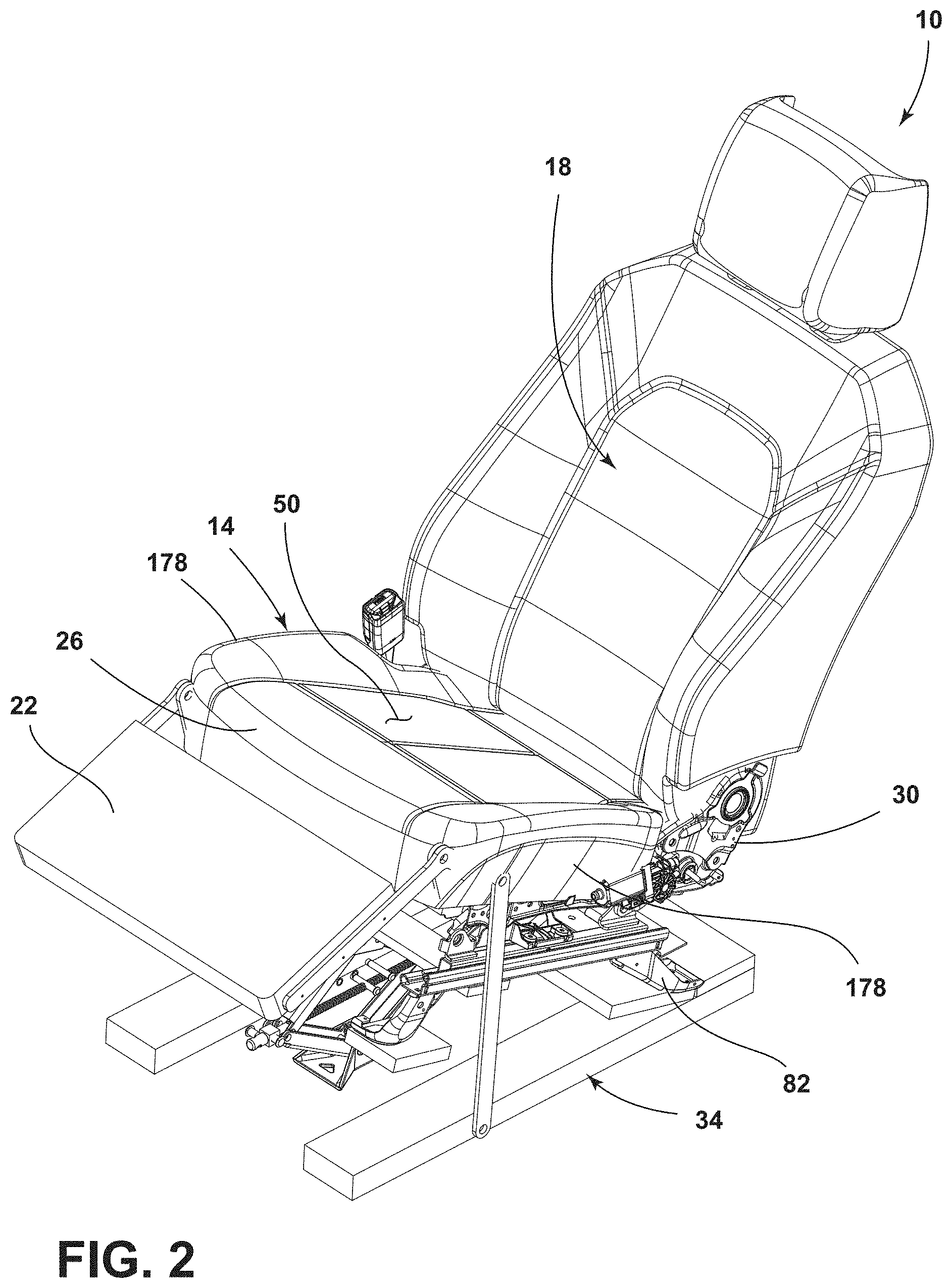 Patent US11772536 Figure 2 – Vehicle seating assembly with lower leg support