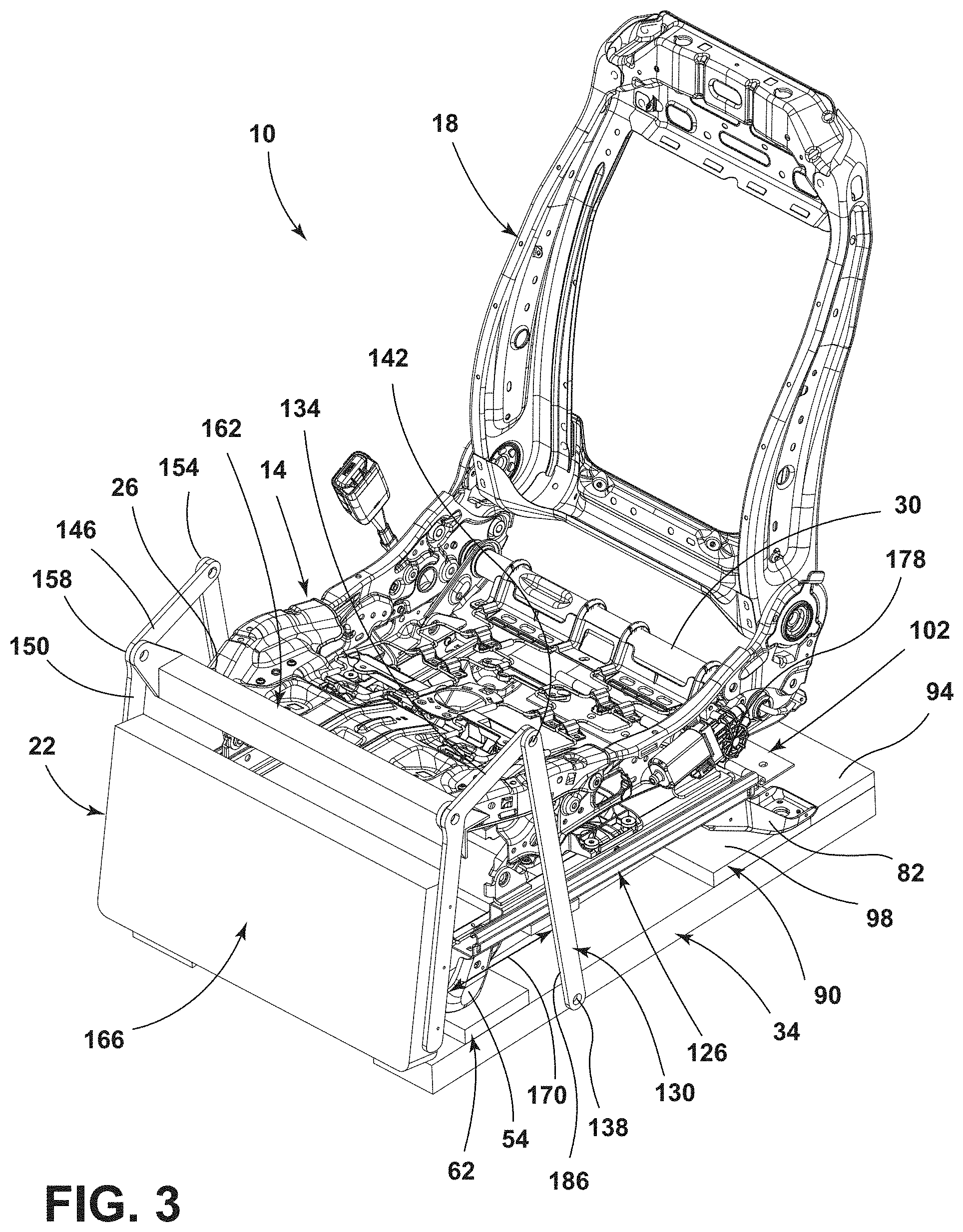 Patent US11772536 Figure 3 – Vehicle seating assembly with lower leg support