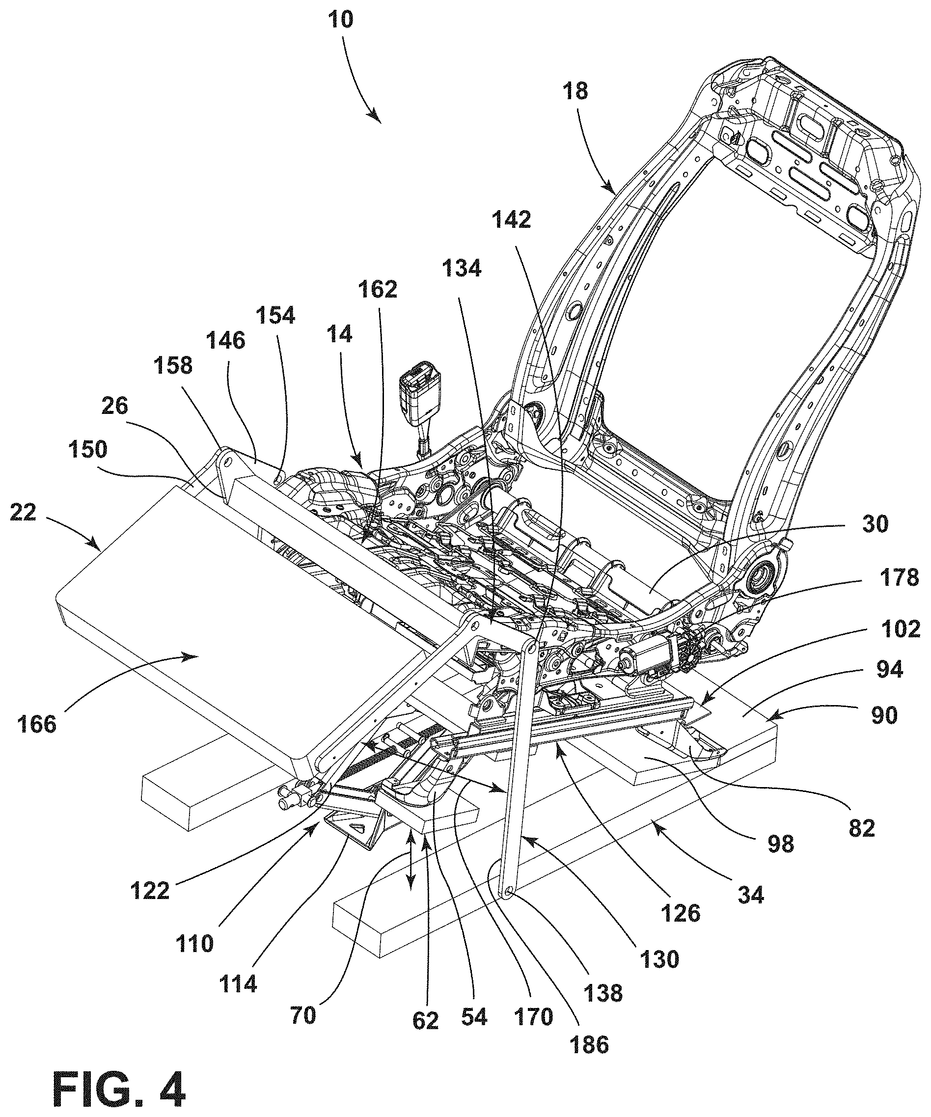 Patent US11772536 Figure 4 – Vehicle seating assembly with lower leg support