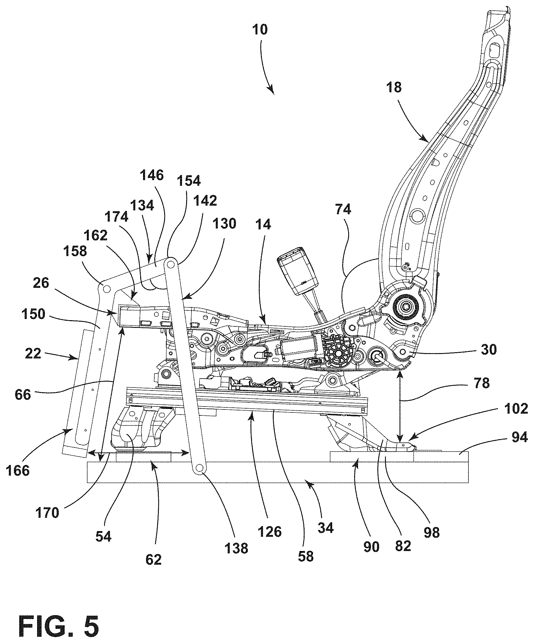 Patent US11772536 Figure 5 – Vehicle seating assembly with lower leg support