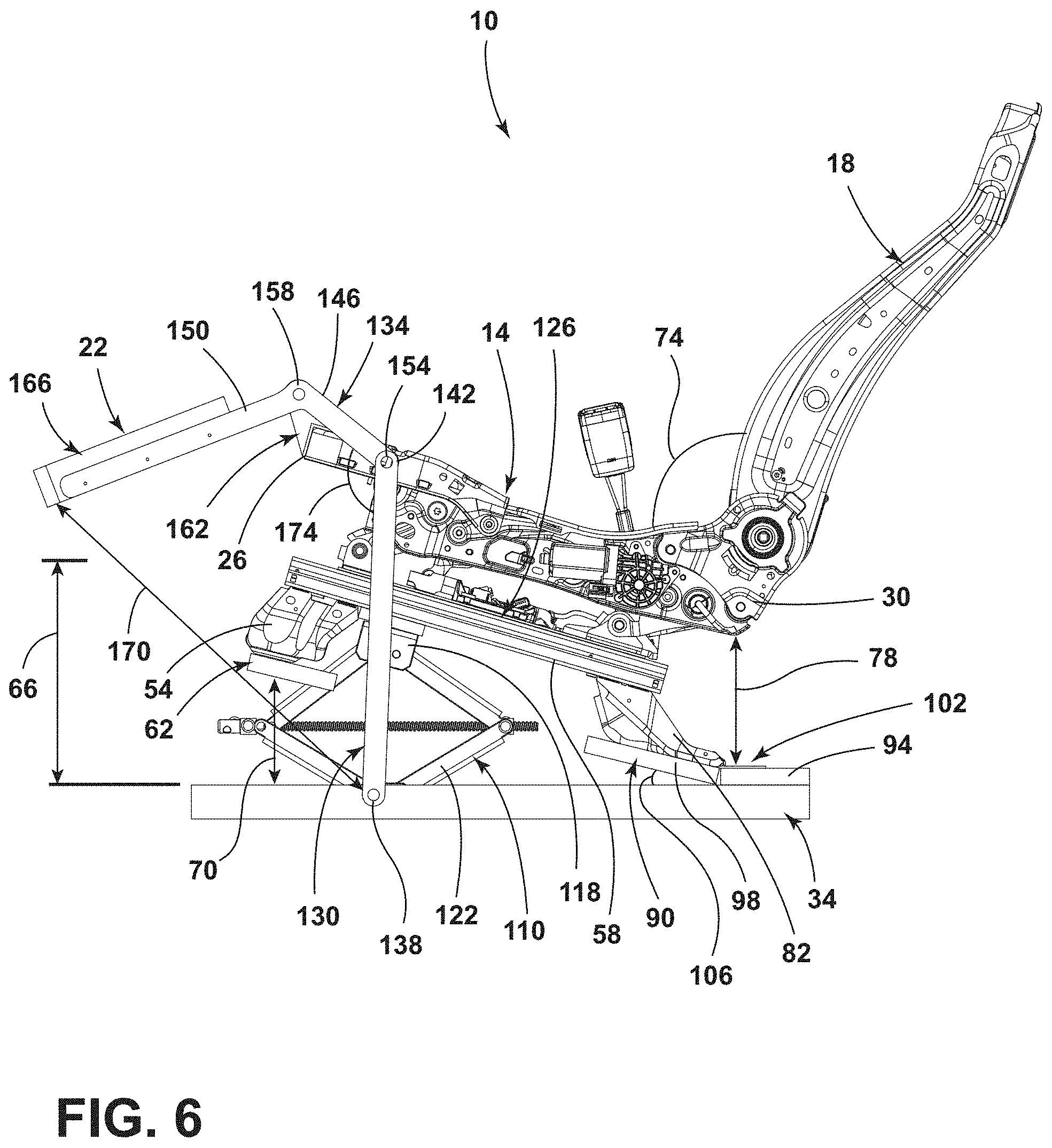Patent US11772536 Figure 6 – Vehicle seating assembly with lower leg support