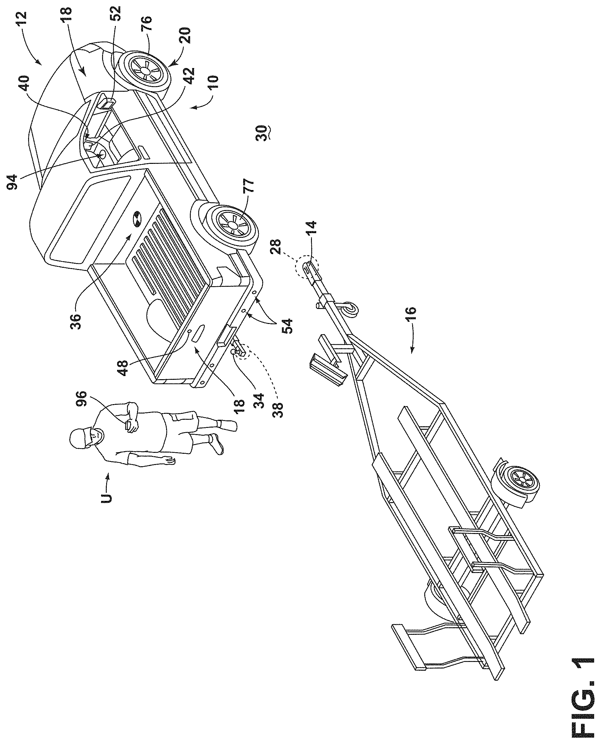 Patent US11772557 Figure 1 – Guided coaching for vehicle positioning to operate an automated hitching feature