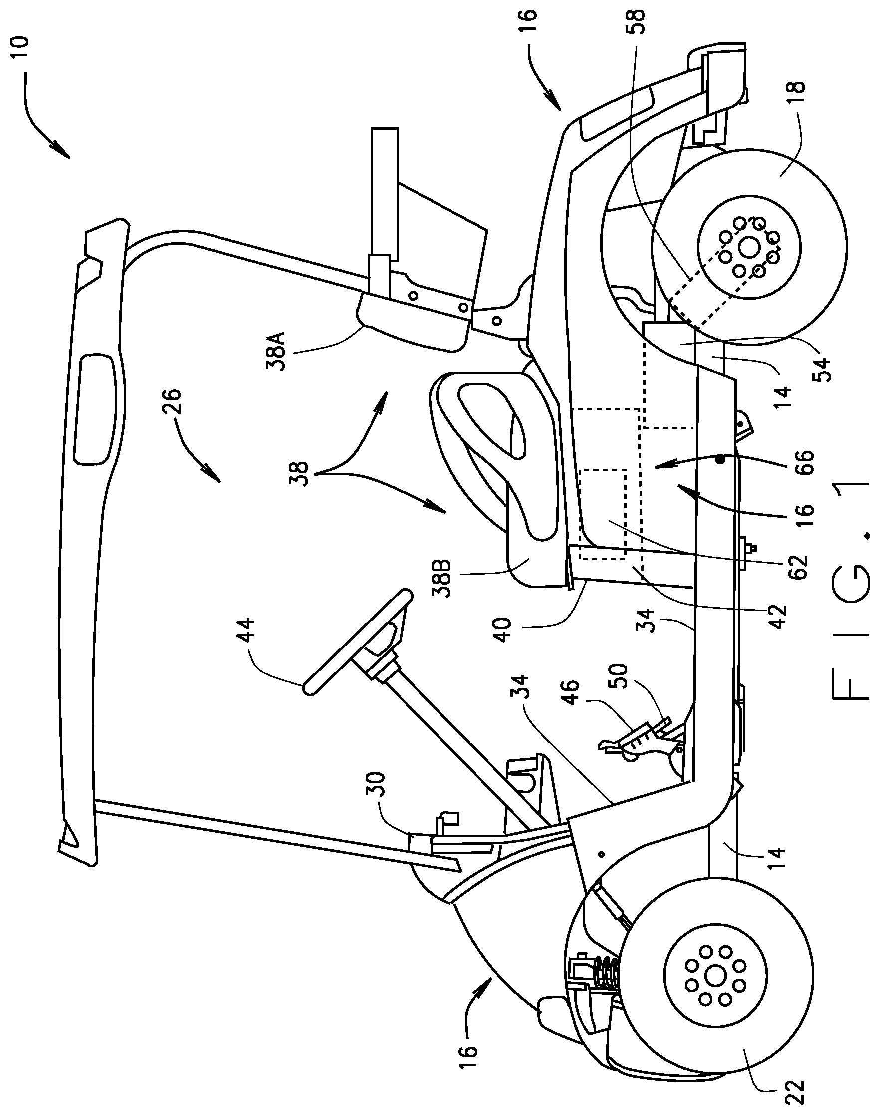 Patent US11772565 Figure 1 – Golf car under seat removable and portable storage tote bag