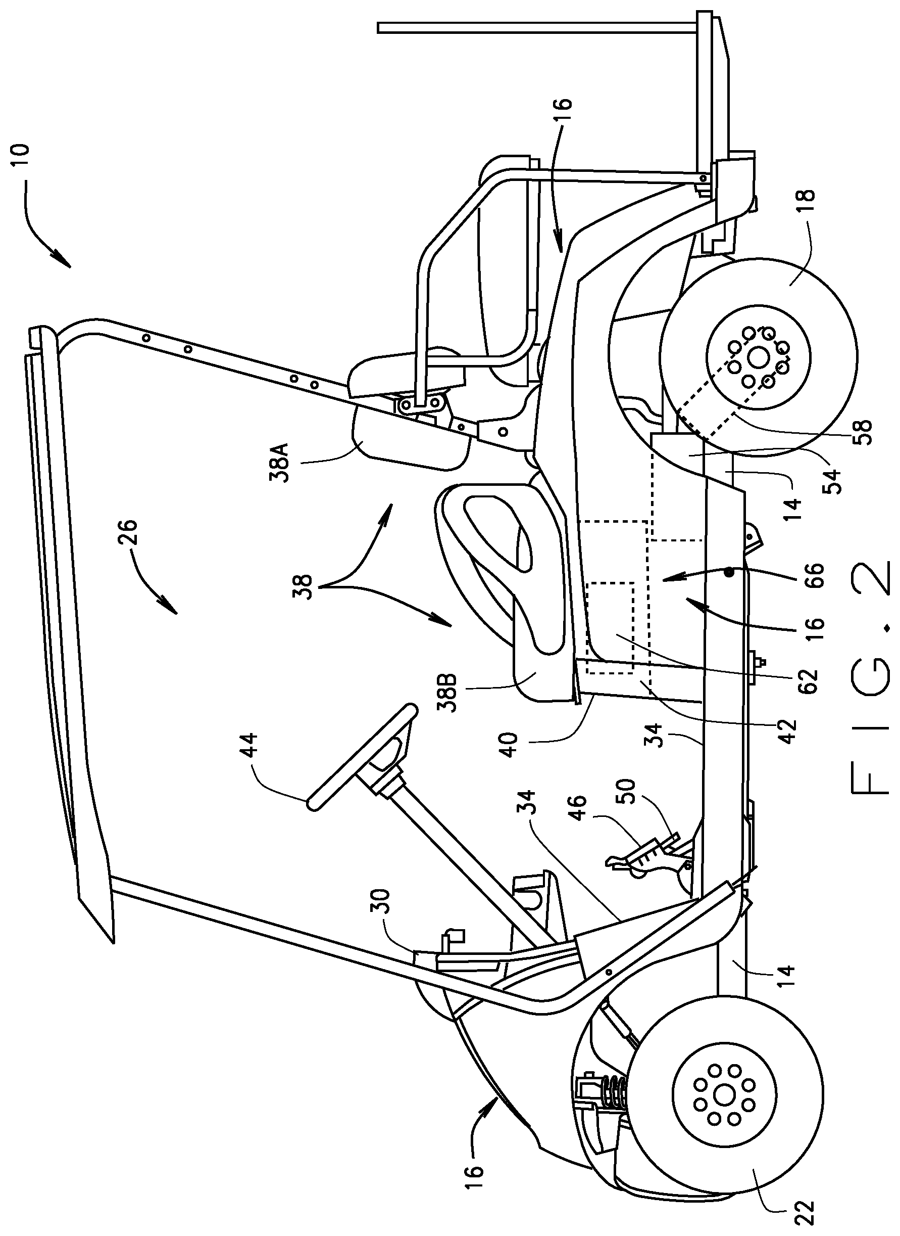Patent US11772565 Figure 2 – Golf car under seat removable and portable storage tote bag