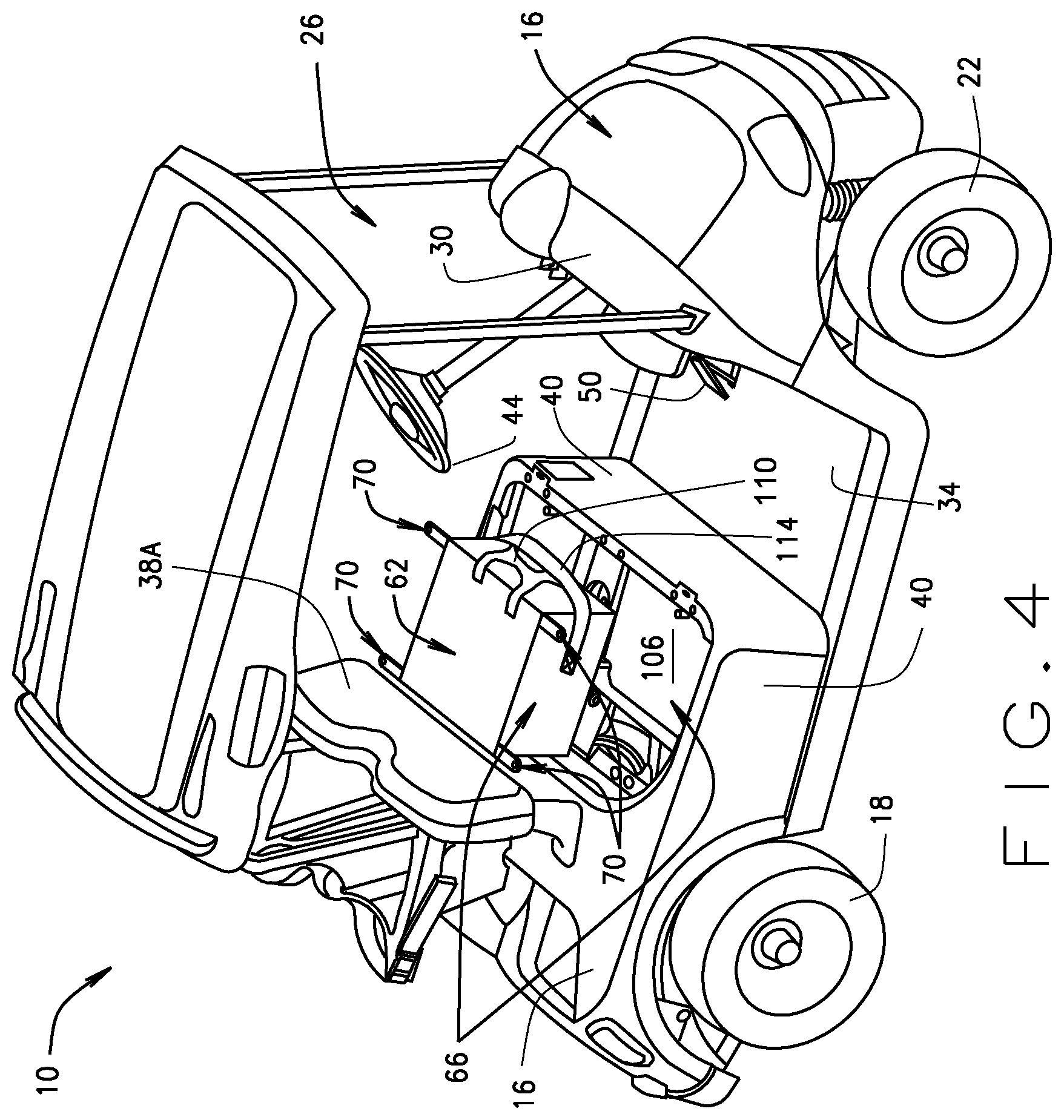 Patent US11772565 Figure 4 – Golf car under seat removable and portable storage tote bag