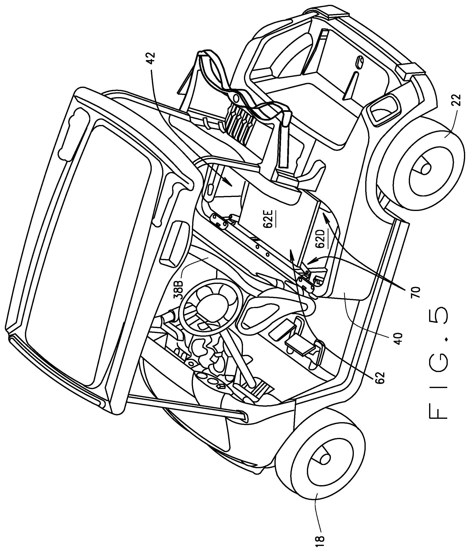 Patent US11772565 Figure 5 – Golf car under seat removable and portable storage tote bag