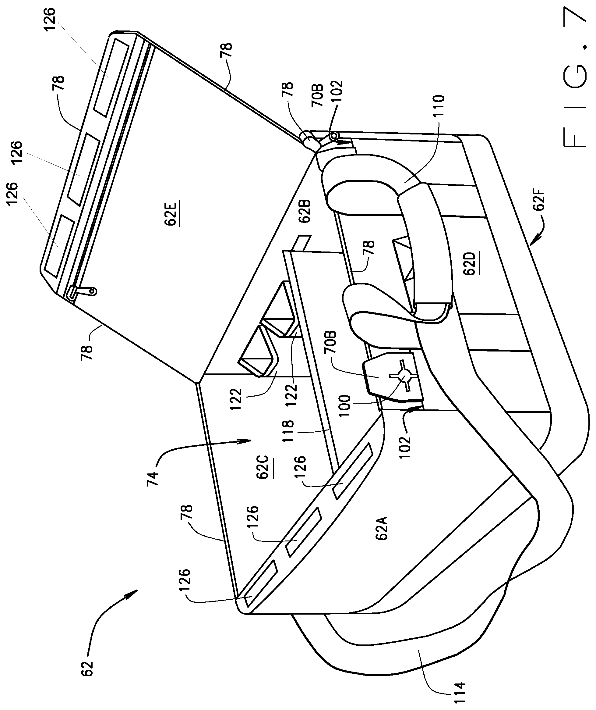 Patent US11772565 Figure 7 – Golf car under seat removable and portable storage tote bag