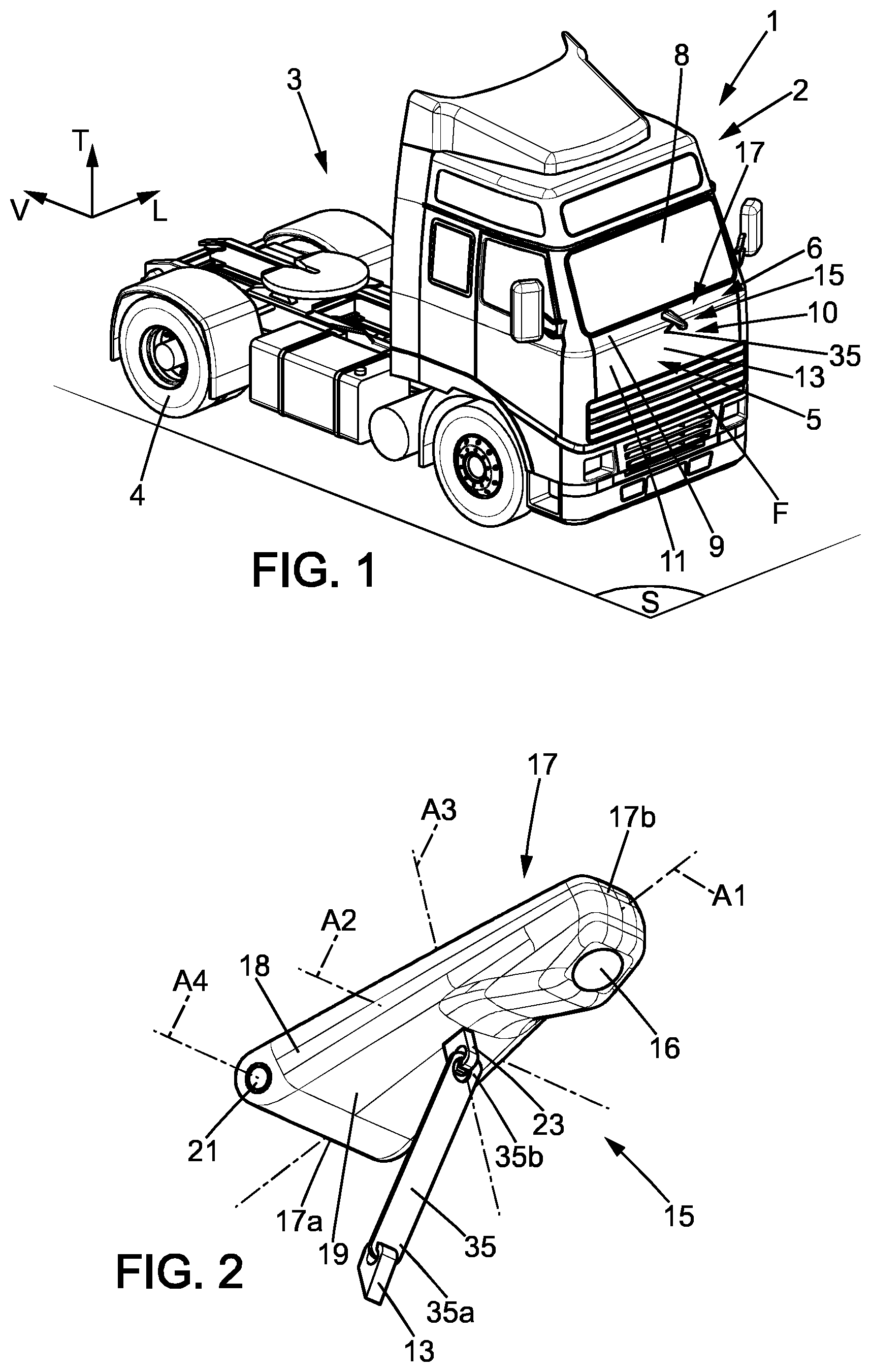 Patent US11772574 Figure 1 – Vehicle comprising a driver cab and a monitoring device for monitoring a front dead angle area and monitoring device for such vehicle