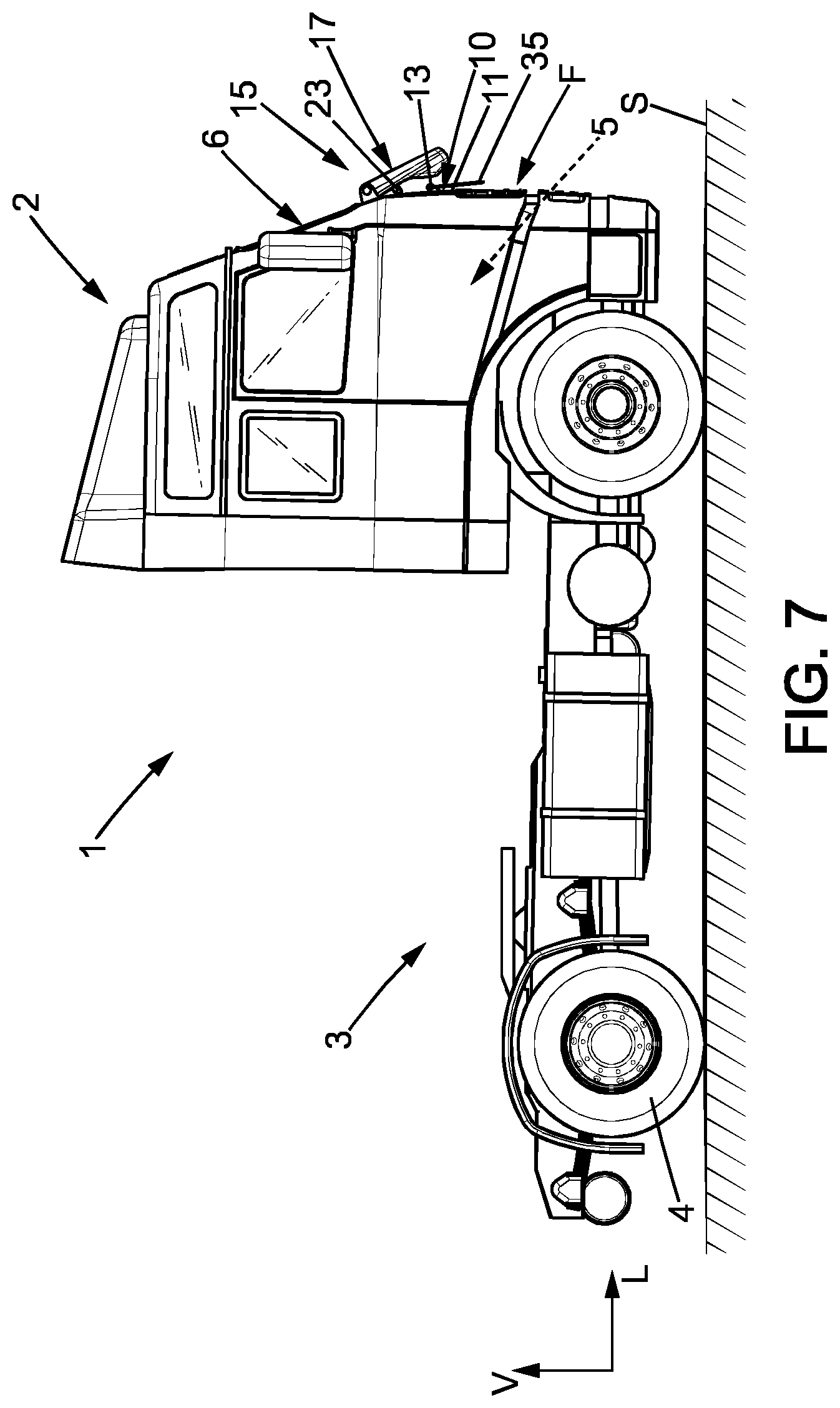 Patent US11772574 Figure 4 – Vehicle comprising a driver cab and a monitoring device for monitoring a front dead angle area and monitoring device for such vehicle