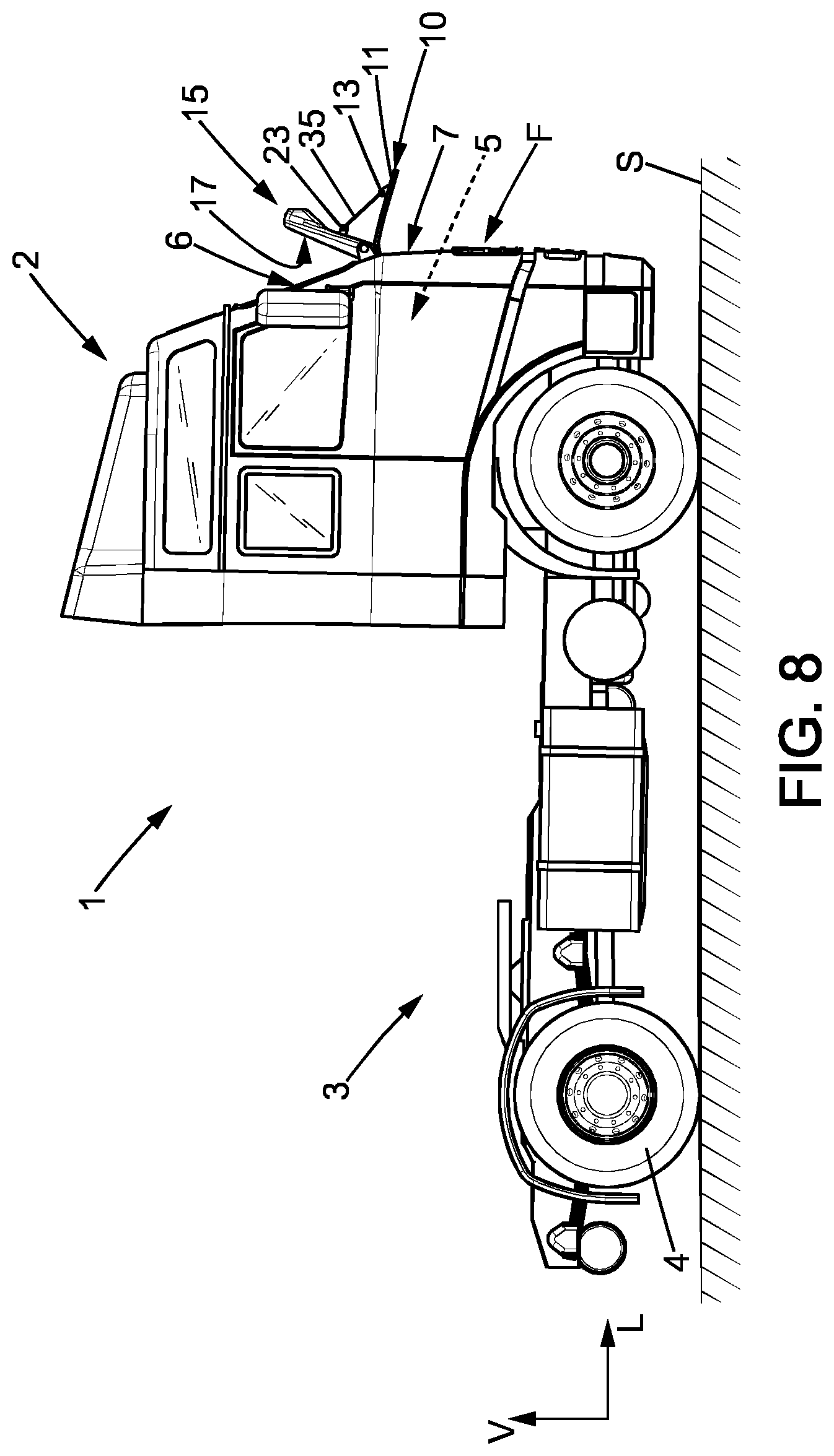 Patent US11772574 Figure 5 – Vehicle comprising a driver cab and a monitoring device for monitoring a front dead angle area and monitoring device for such vehicle